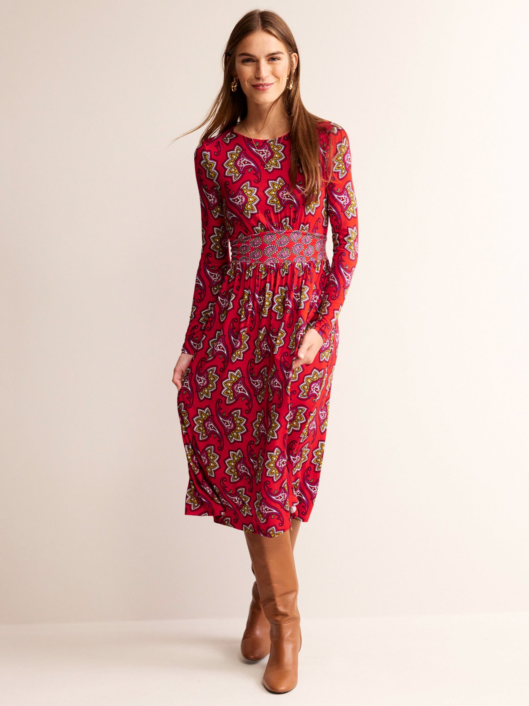 Boden Paisley Thea Sleeved Jersey Midi Dress, Red