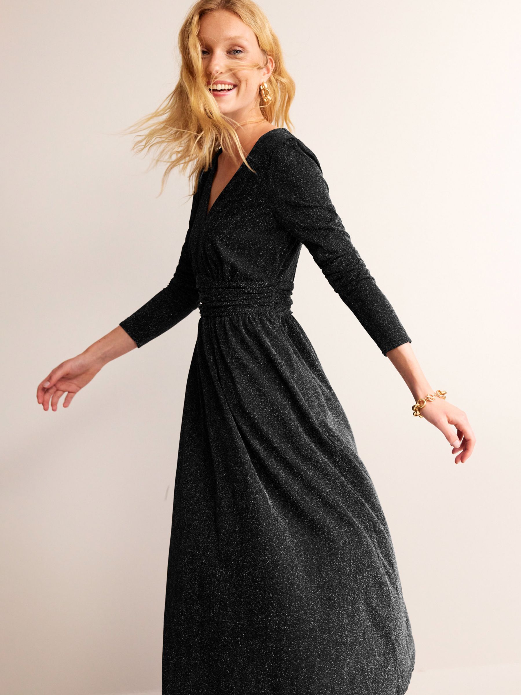 Buy Navy Blue Long Sleeve Ruched Detail Textured Midi Dress from