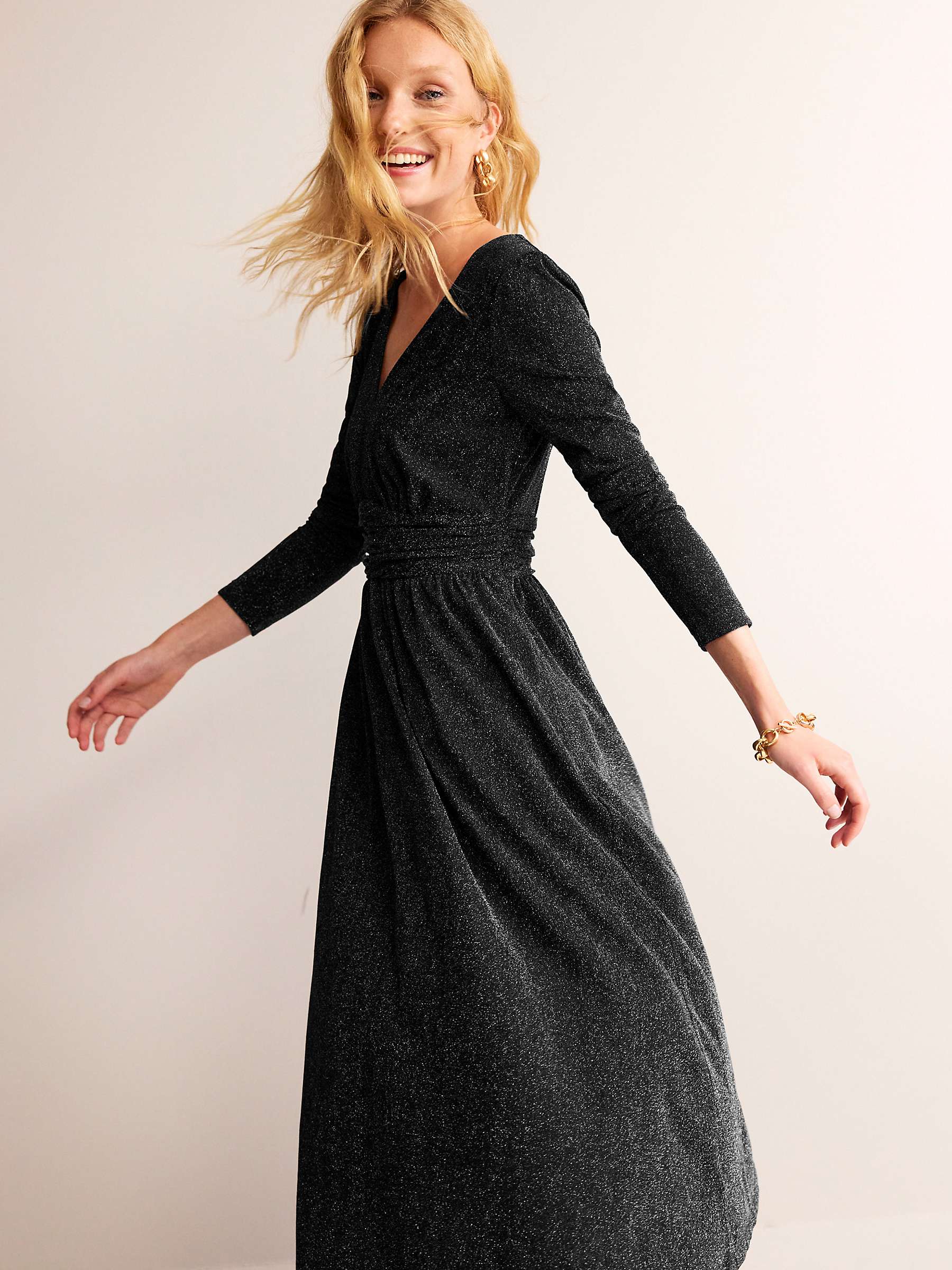 Boden Ruched Sparkle Midi Dress, Black at John Lewis & Partners