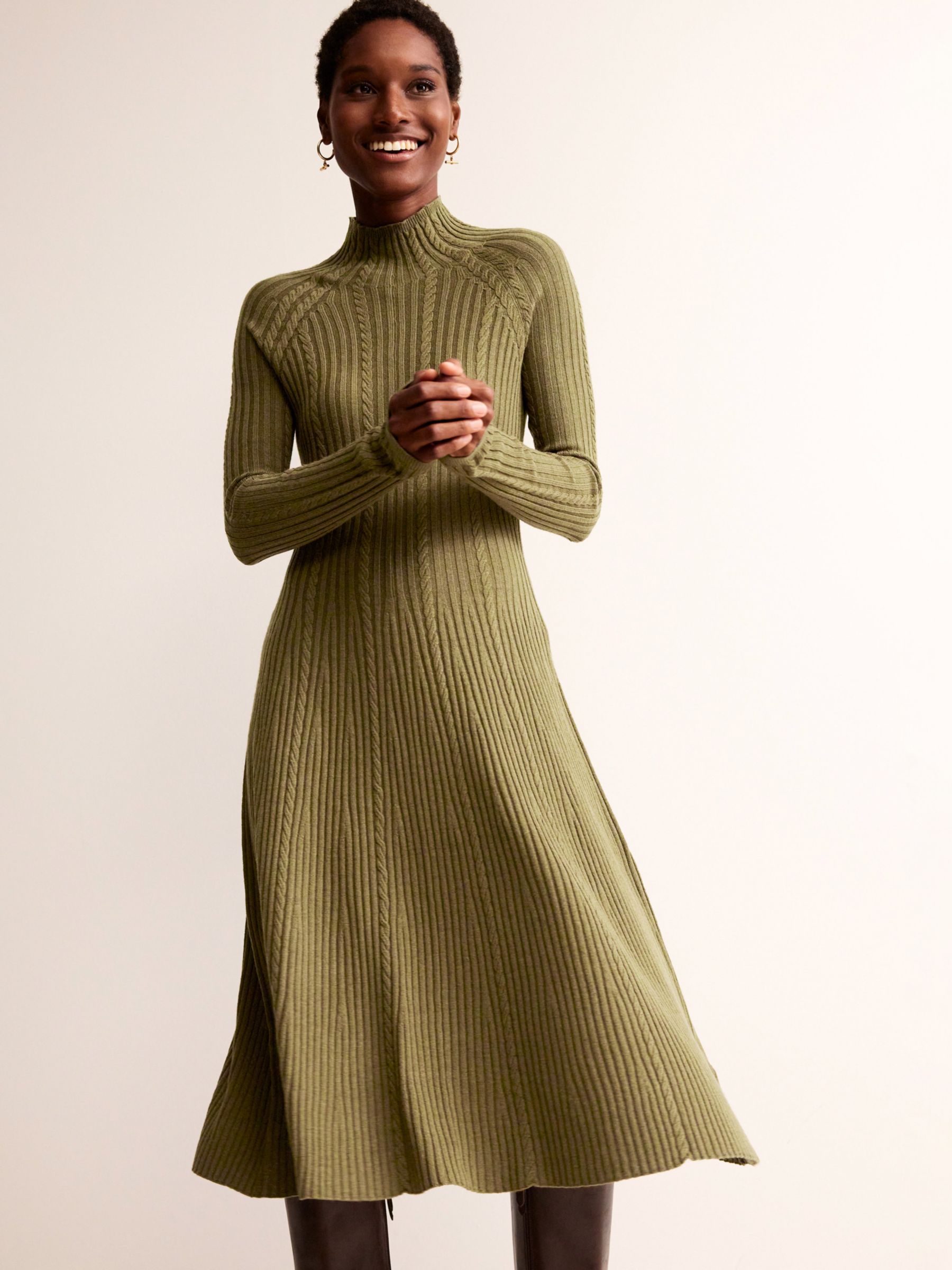 Boden Tessa Knitted Midi Dress, Dark Moss at John Lewis & Partners