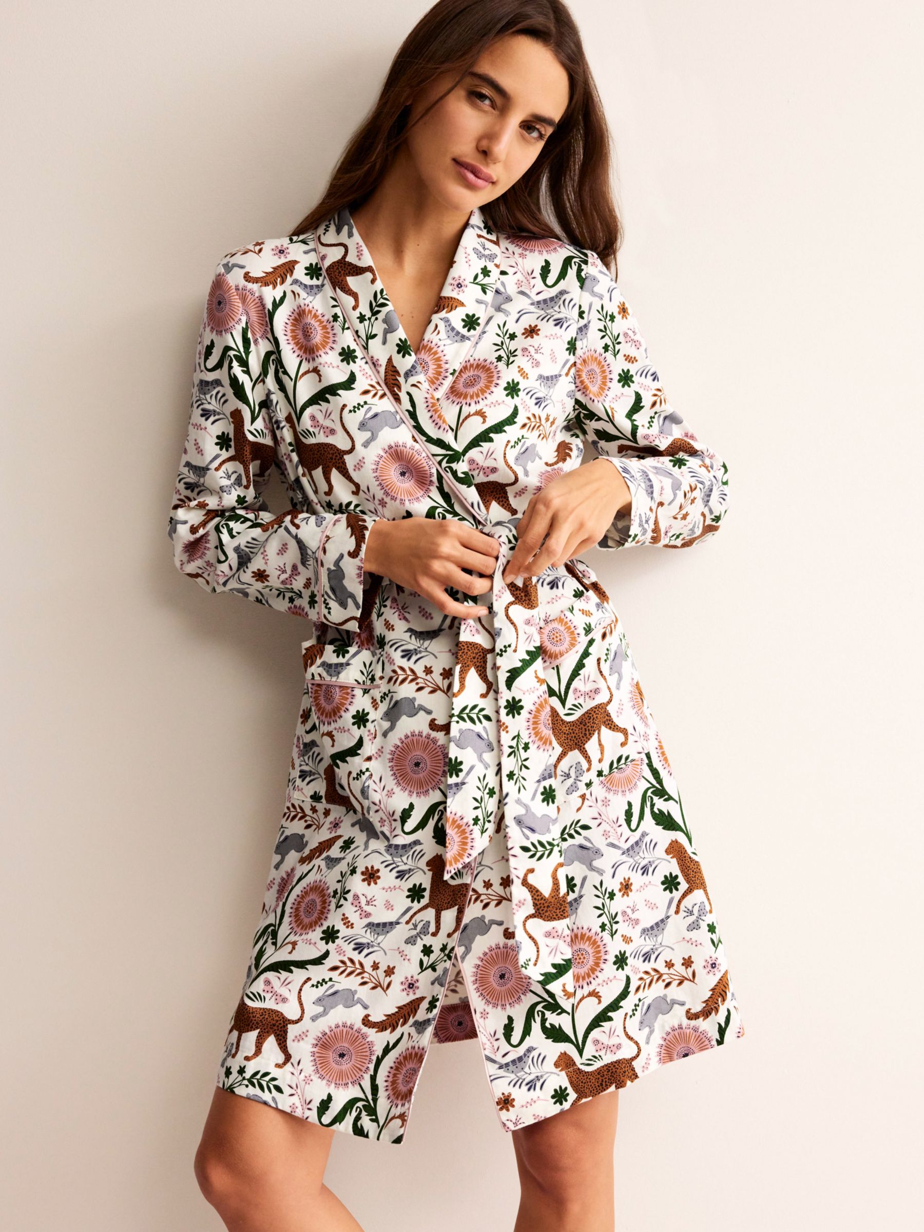 Buy Boden Jungle Flora Print Cotton Sateen Dressing Gown, Ivory/Multi Online at johnlewis.com