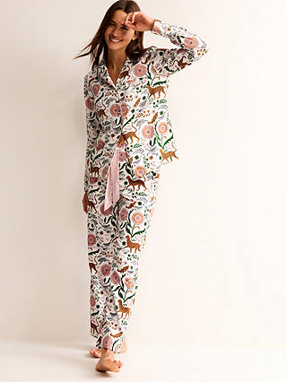 Boden Jungle Flora Print Cotton Sateen Pyjama Shirt, Ivory/Multi