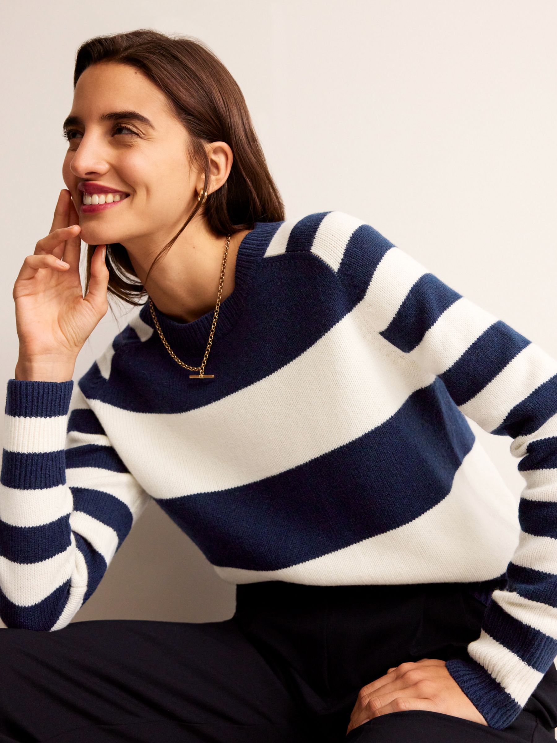 Boden Olivia Wool Stripe Jumper, Navy/Ivory at John Lewis & Partners