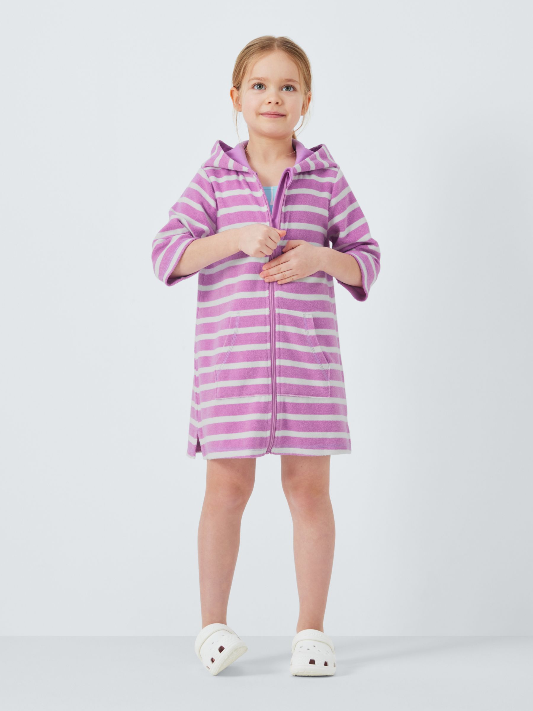 John Lewis Kids' Stripe Zip Through Towelling Poncho, Purple, 2 years