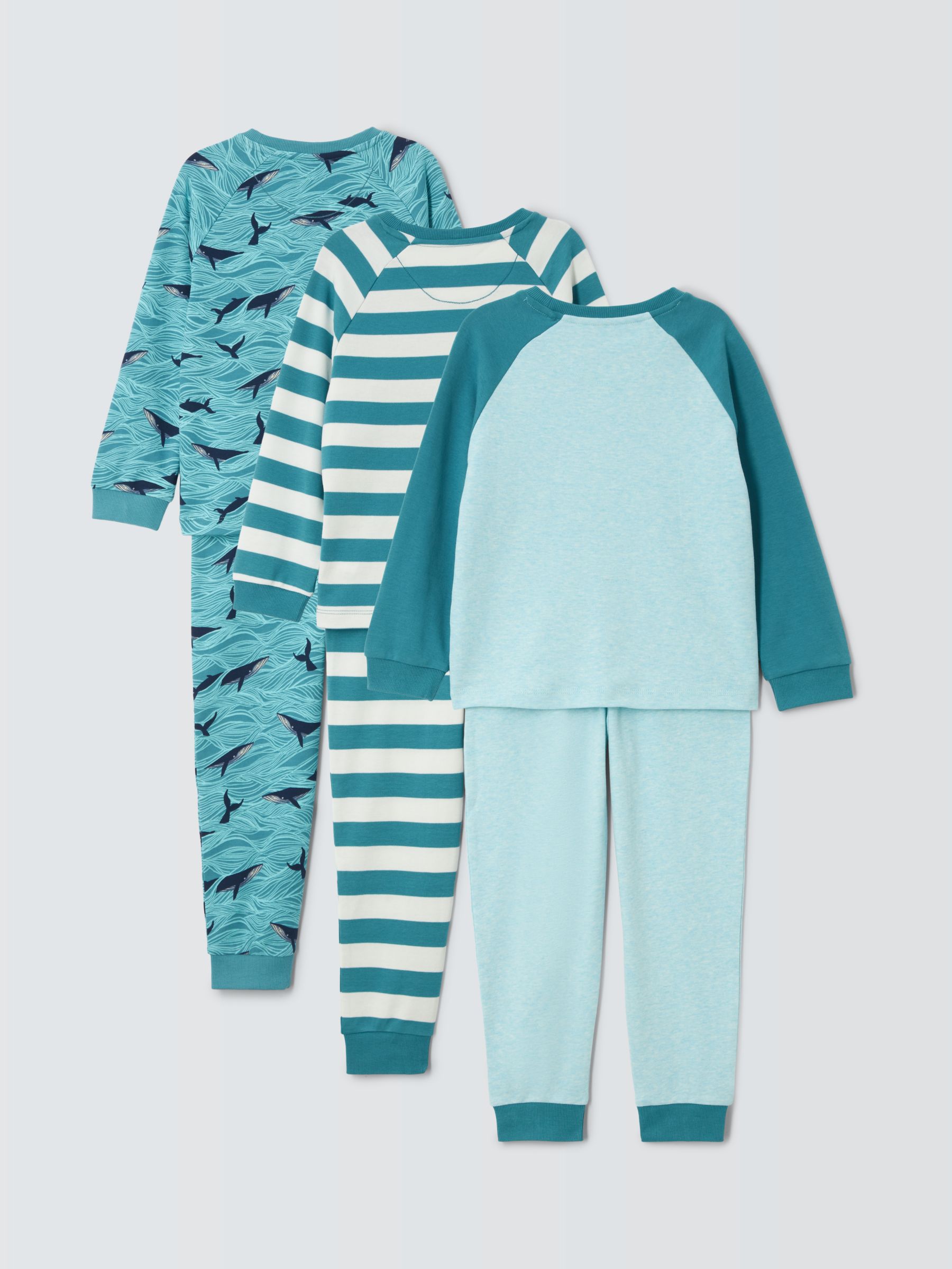 John Lewis Kids' Stripe Whale Print Pyjamas, Pack of 3, Green, 8 years