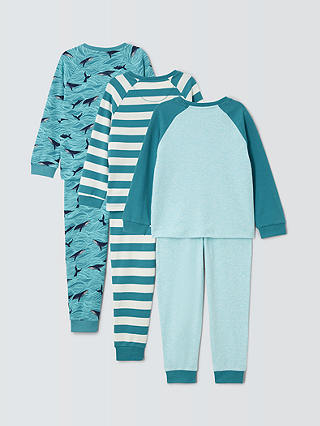 John Lewis Kids' Stripe Whale Print Pyjamas, Pack of 3, Green