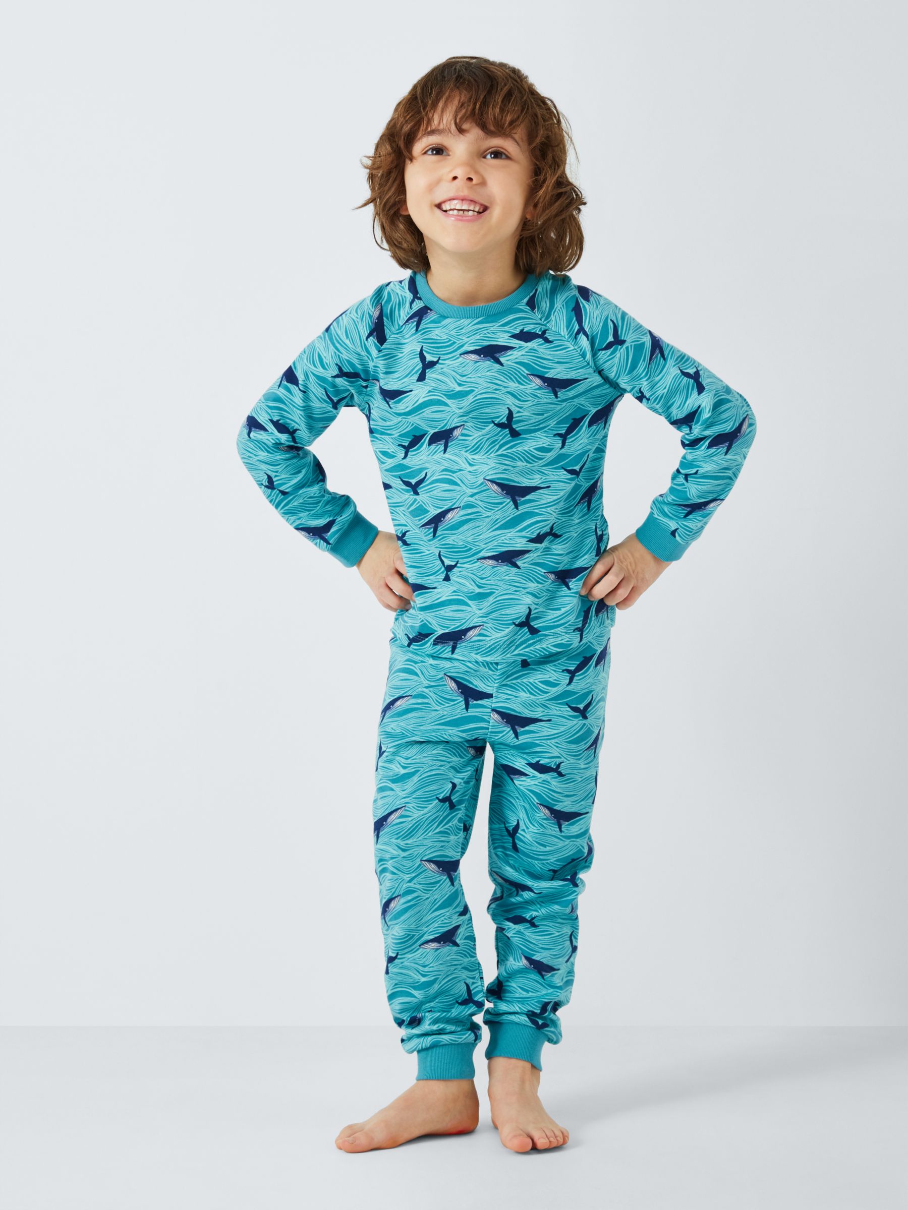 John Lewis Kids' Stripe Whale Print Pyjamas, Pack of 3, Green, 8 years