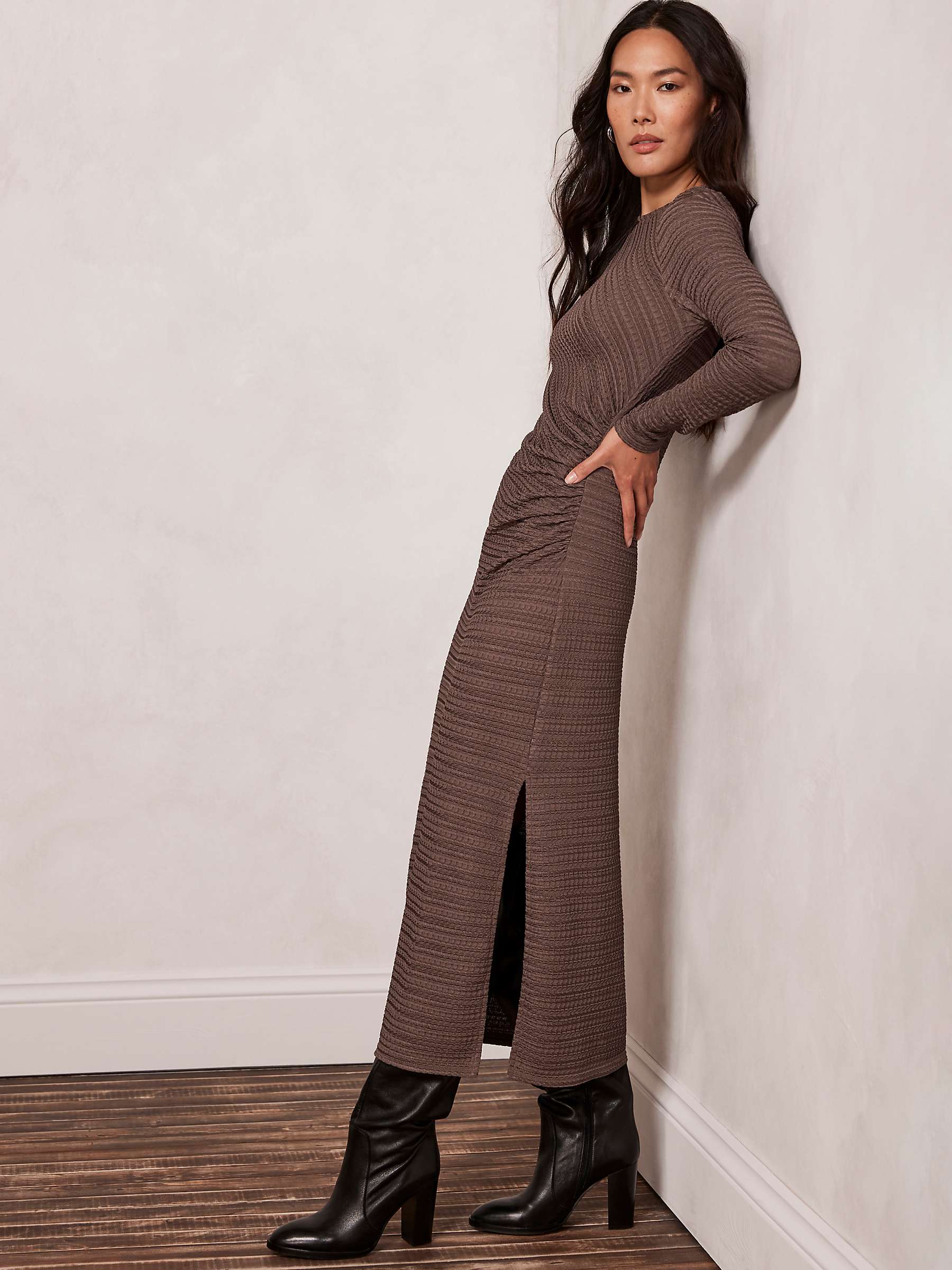 Buy Mint Velvet Textured Midi Dress, Dark Brown Online at johnlewis.com