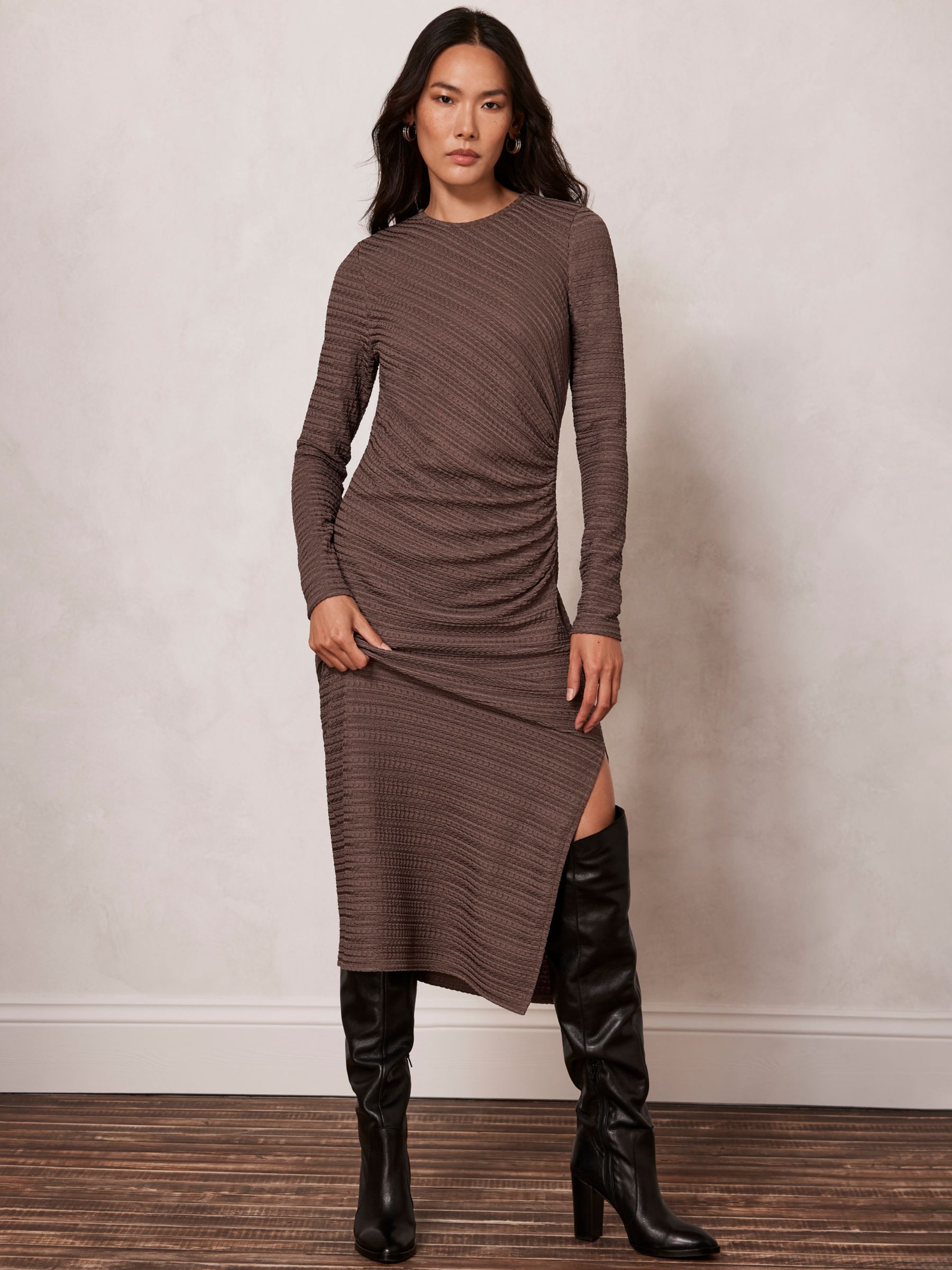 Buy Mint Velvet Textured Midi Dress, Dark Brown Online at johnlewis.com