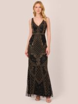 Adrianna Papell Beaded Mesh Maxi Dress Black Gold