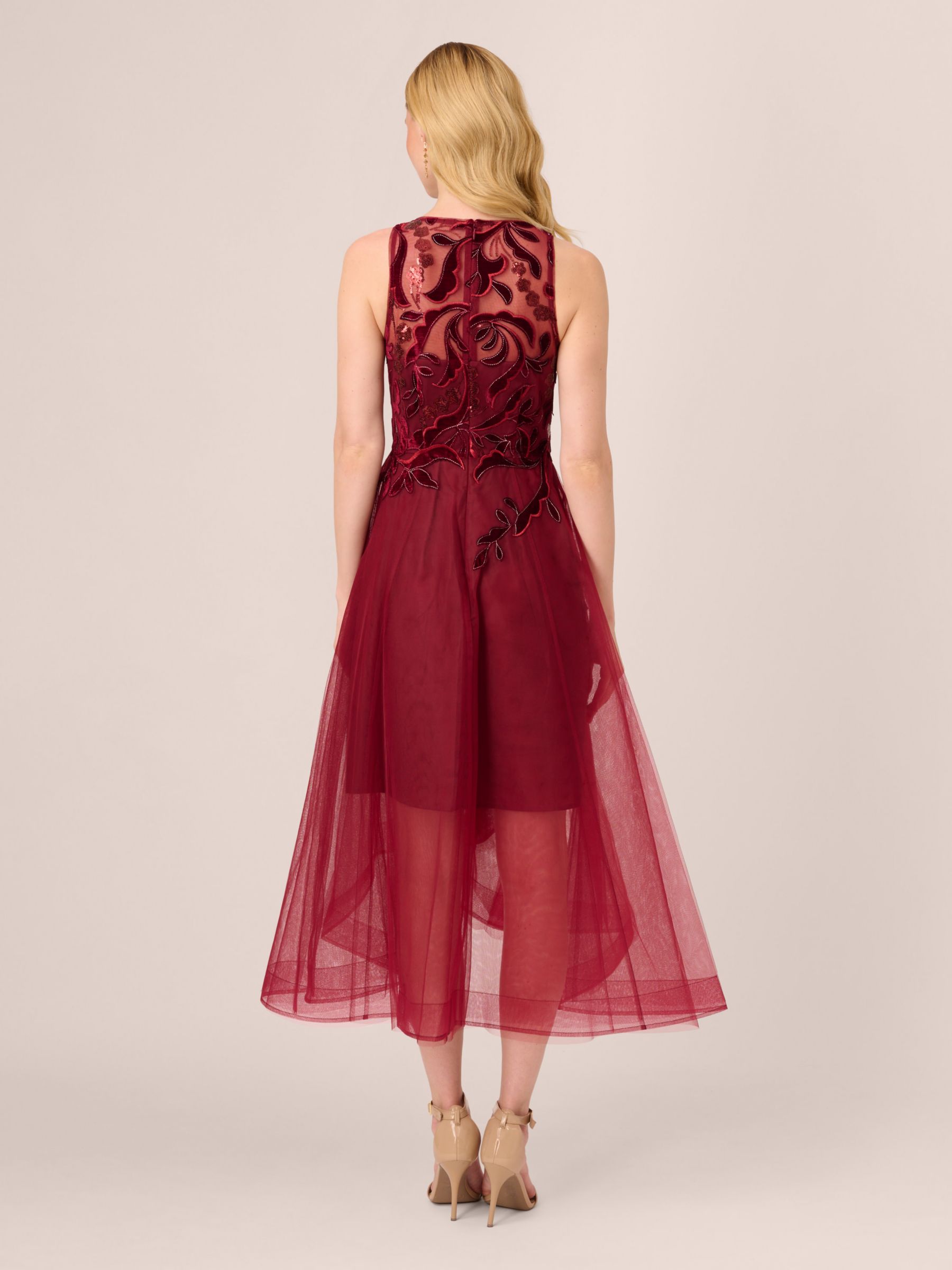 Adrianna Papell Halter Velvet Tulle Dress Garnet 6