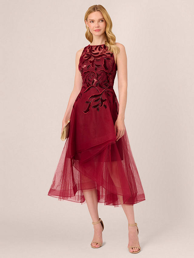 Adrianna Papell Halter Velvet Tulle Dress, Garnet at John Lewis & Partners