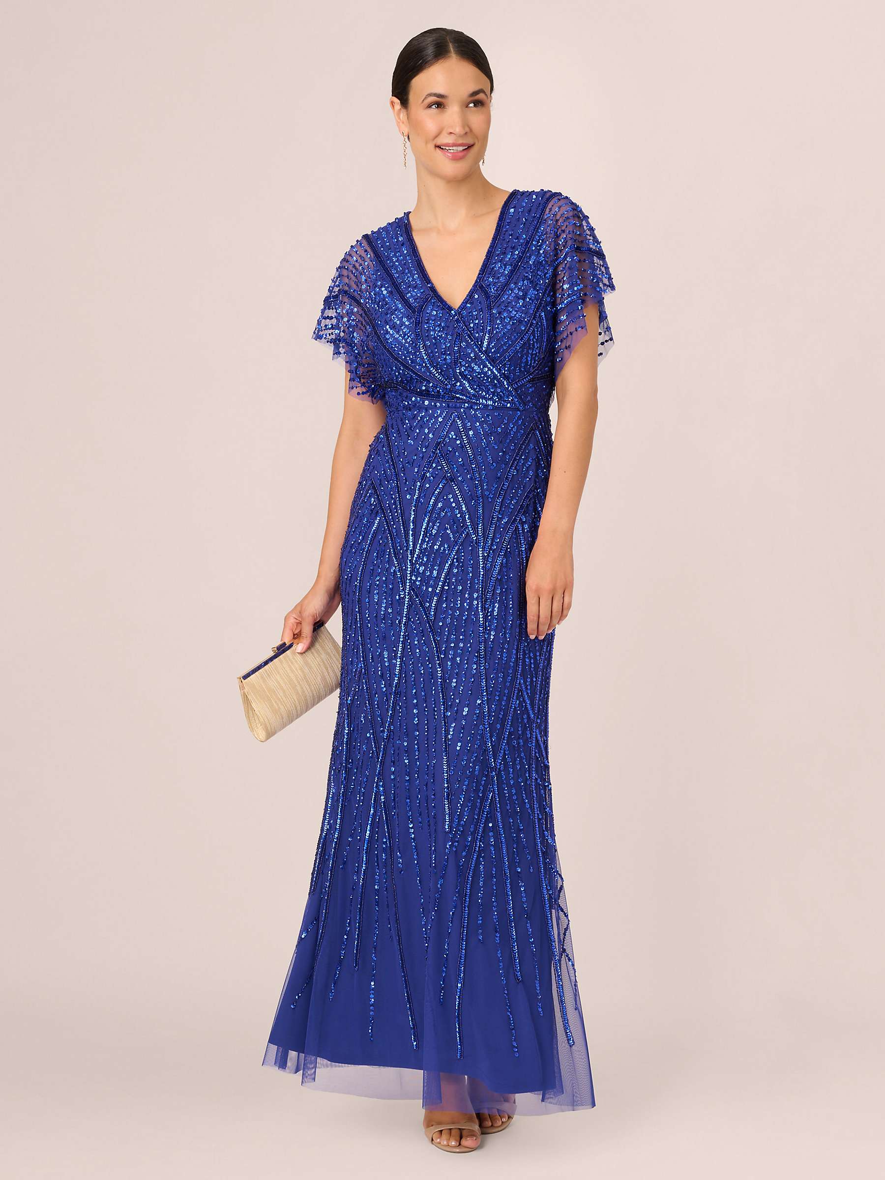 Adrianna Papell Long Beaded Dress, Ultra Blue at John Lewis & Partners