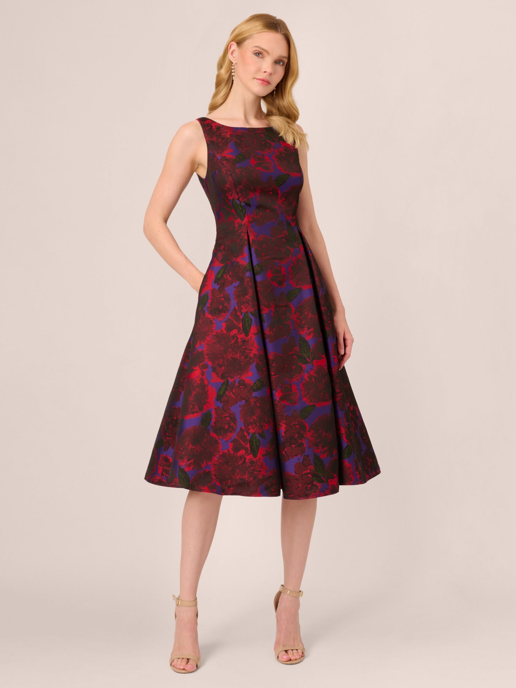 Adrianna Papell Jacquard Tea Dress, Red/Multi at John Lewis & Partners
