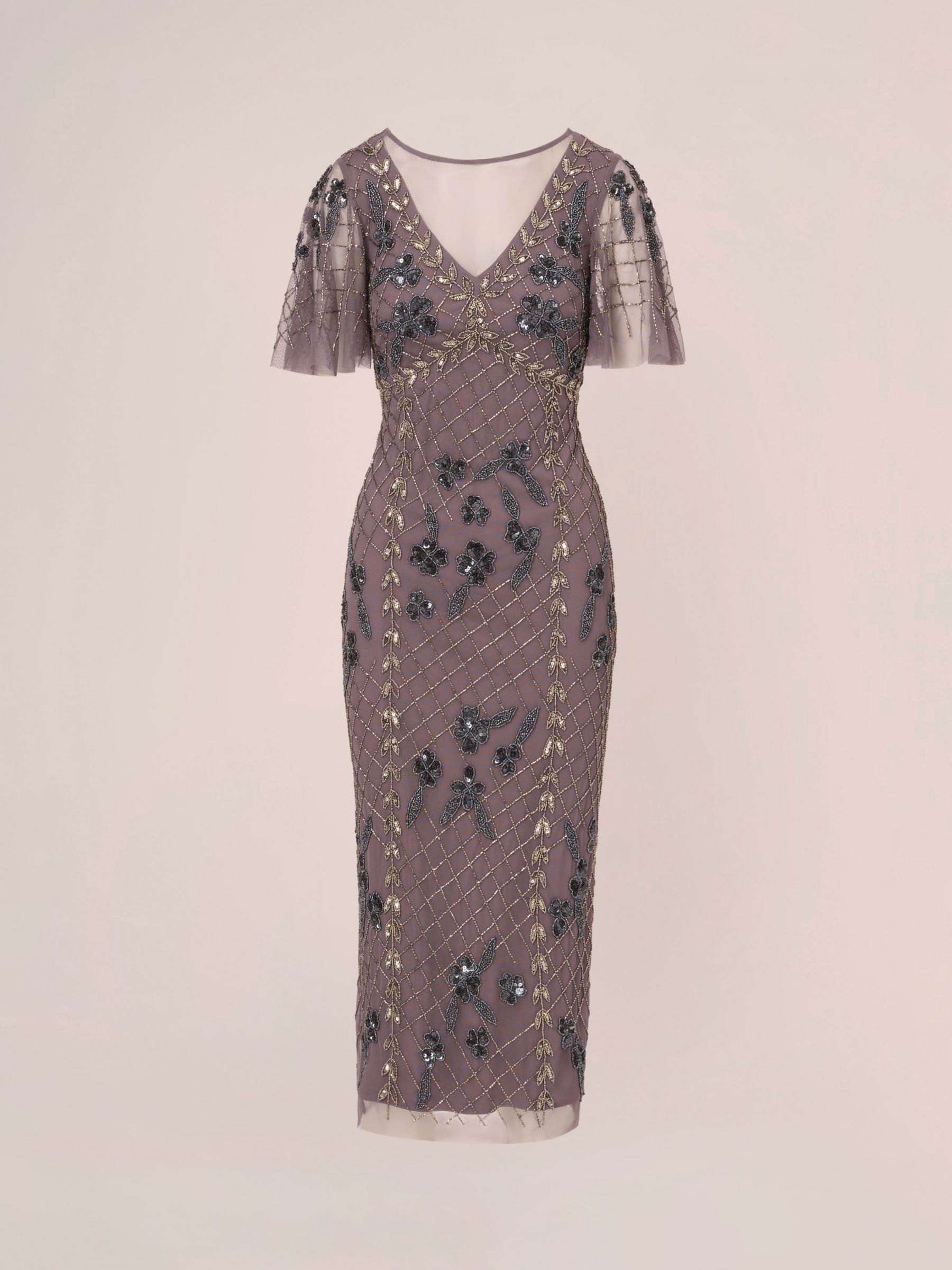 Buy Adrianna Papell Flutter Sleeve Beaded Midi Dress, Moonscape Online at johnlewis.com