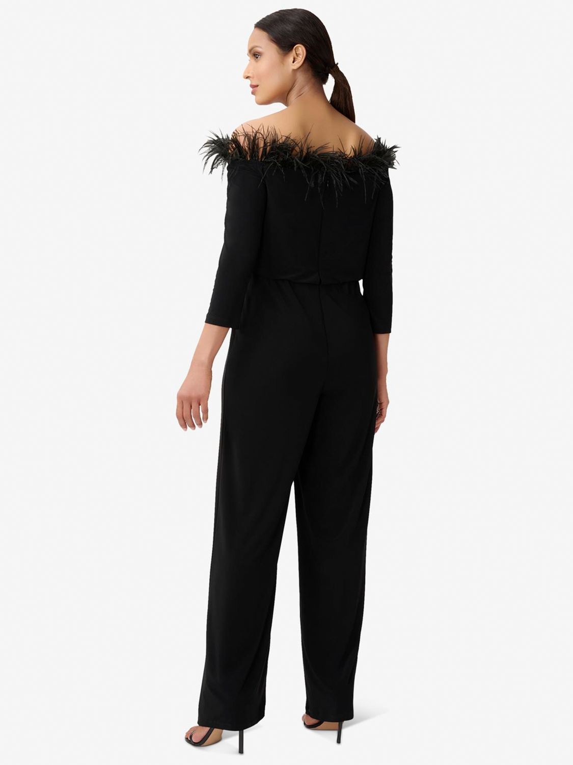 Adrianna Papell Feather Trim Wide Leg Jersey Jumpsuit Black 6