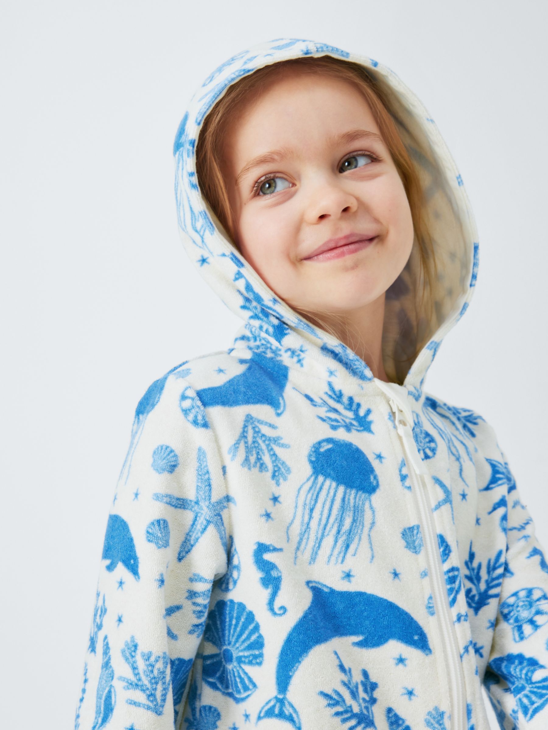 John Lewis Kids' Under The Sea Zip Through Hooded Towelling Poncho, Blue/Multi, 9 years