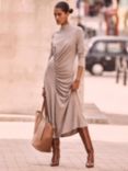 Mint Velvet Asymmetric Ruched Jersey Midi Dress, Natural