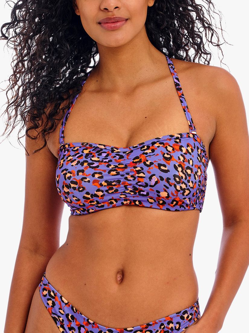 Freya San Tiago Nights Leopard Print Bandeau Bikini Top, Blue/Multi, 36G