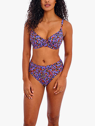 Freya San Tiago Nights Leopard Print High Waist Bikini Bottoms, Blue/Multi