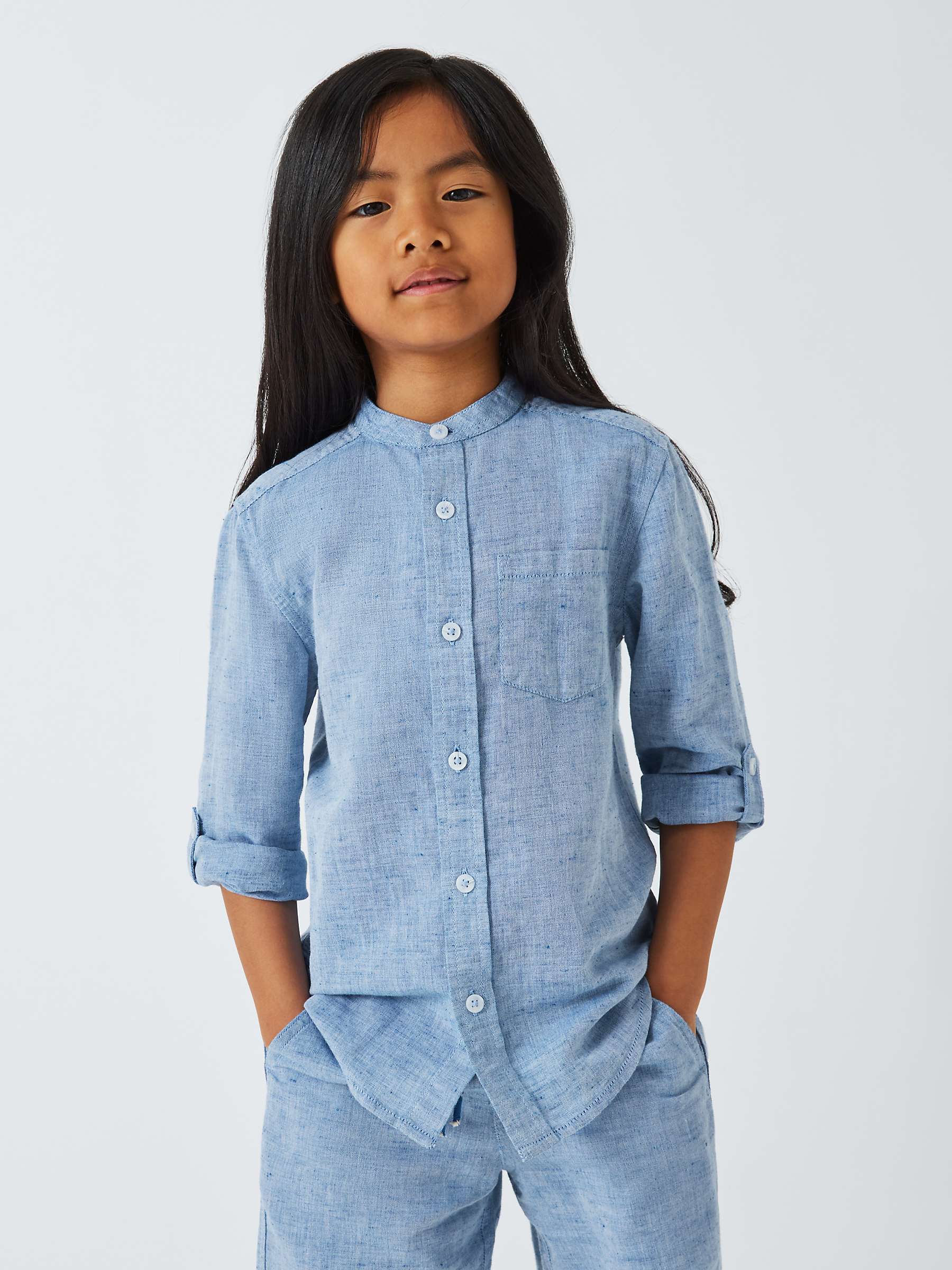 Buy John Lewis Kids' Grandad Collar Linen Blend Shirt, Blue Online at johnlewis.com
