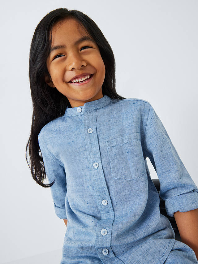 John Lewis Kids' Grandad Collar Linen Blend Shirt, Blue