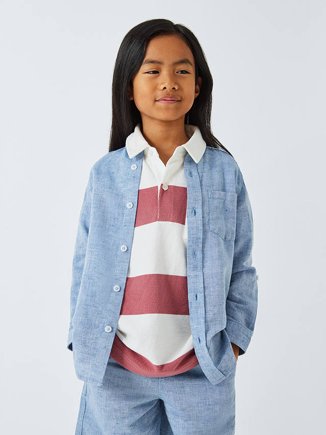 John Lewis Kids' Grandad Collar Linen Blend Shirt, Blue