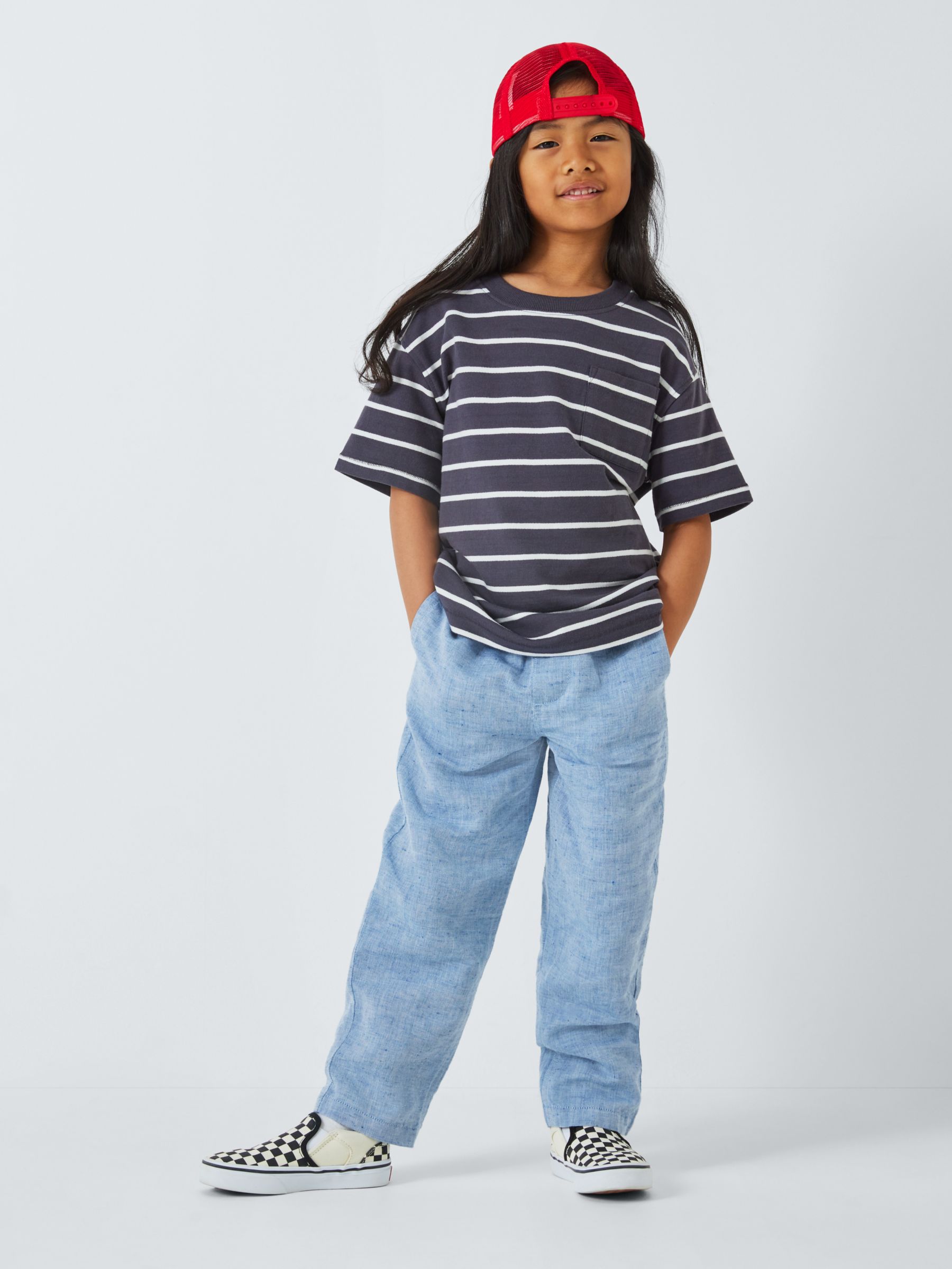 John Lewis Kids' Chambray Pull On Linen Blend Trousers, Blue, 4 years