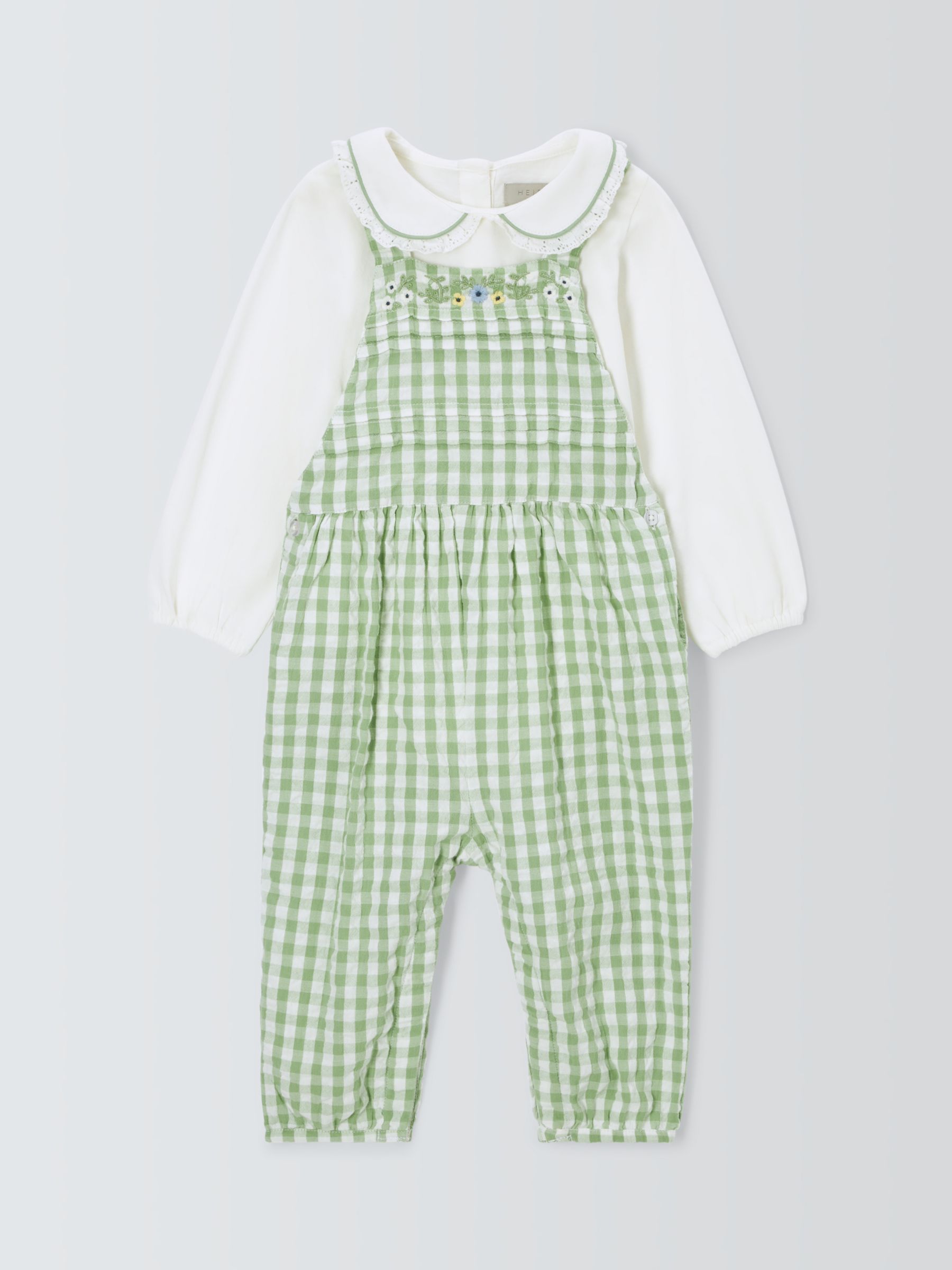 John Lewis Heirloom Collection Baby Blouse & Embroidered Gingham Dungarees, Green/White, 0-3 months
