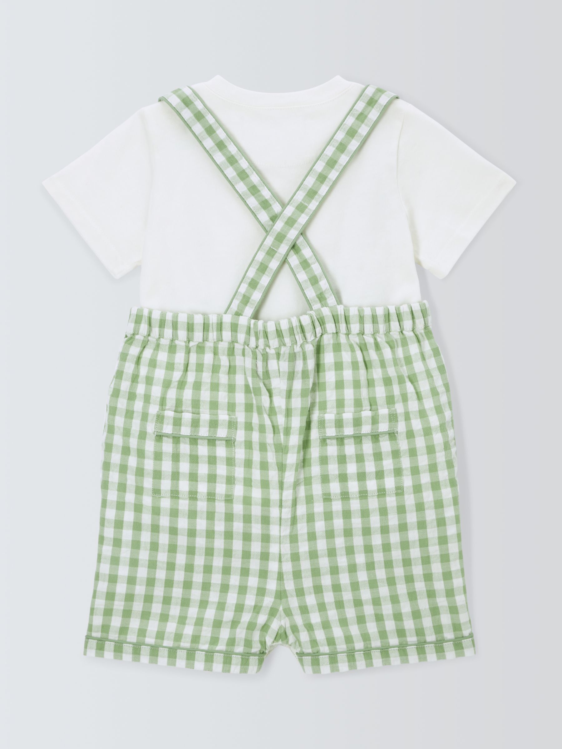 John Lewis Heirloom Collection Baby T-Shirt and Gingham Short Dungarees Set, Green/Multi, 0-3 months