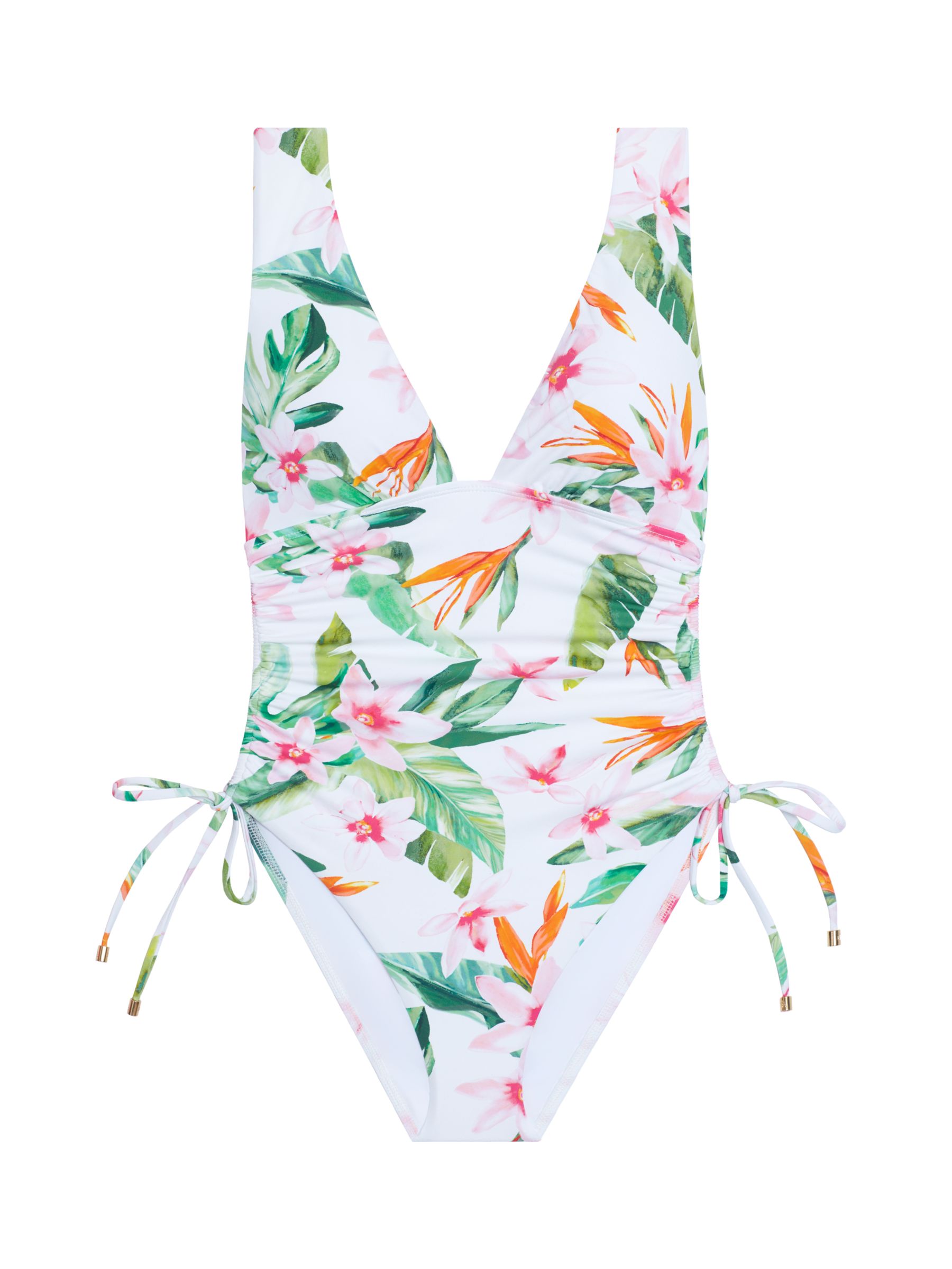 Lauren Ralph Lauren Shirred Side Floral Plunge Swimsuit, White/Multi, 8