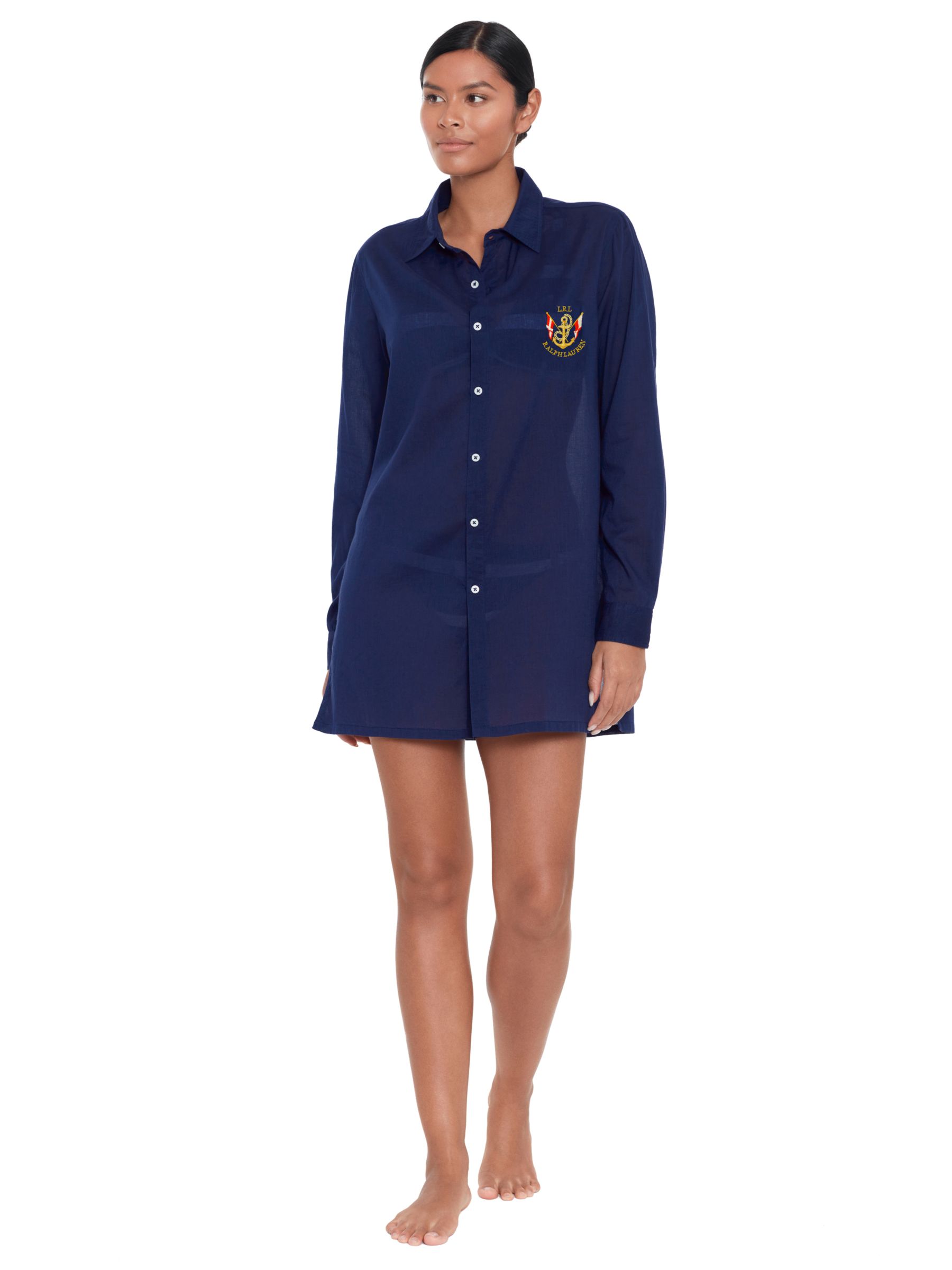 Lauren Ralph Lauren Camp Logo Embroidered Oversized Cotton Shirt, Blue, XS