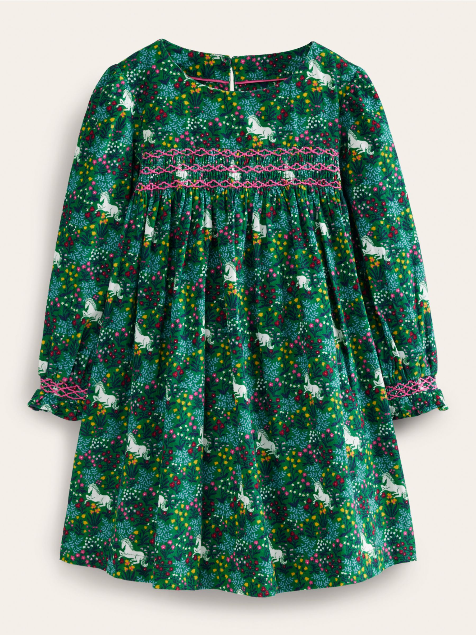 Mini Boden Kids' Corduroy Smocked Unicorn Print Dress, Green