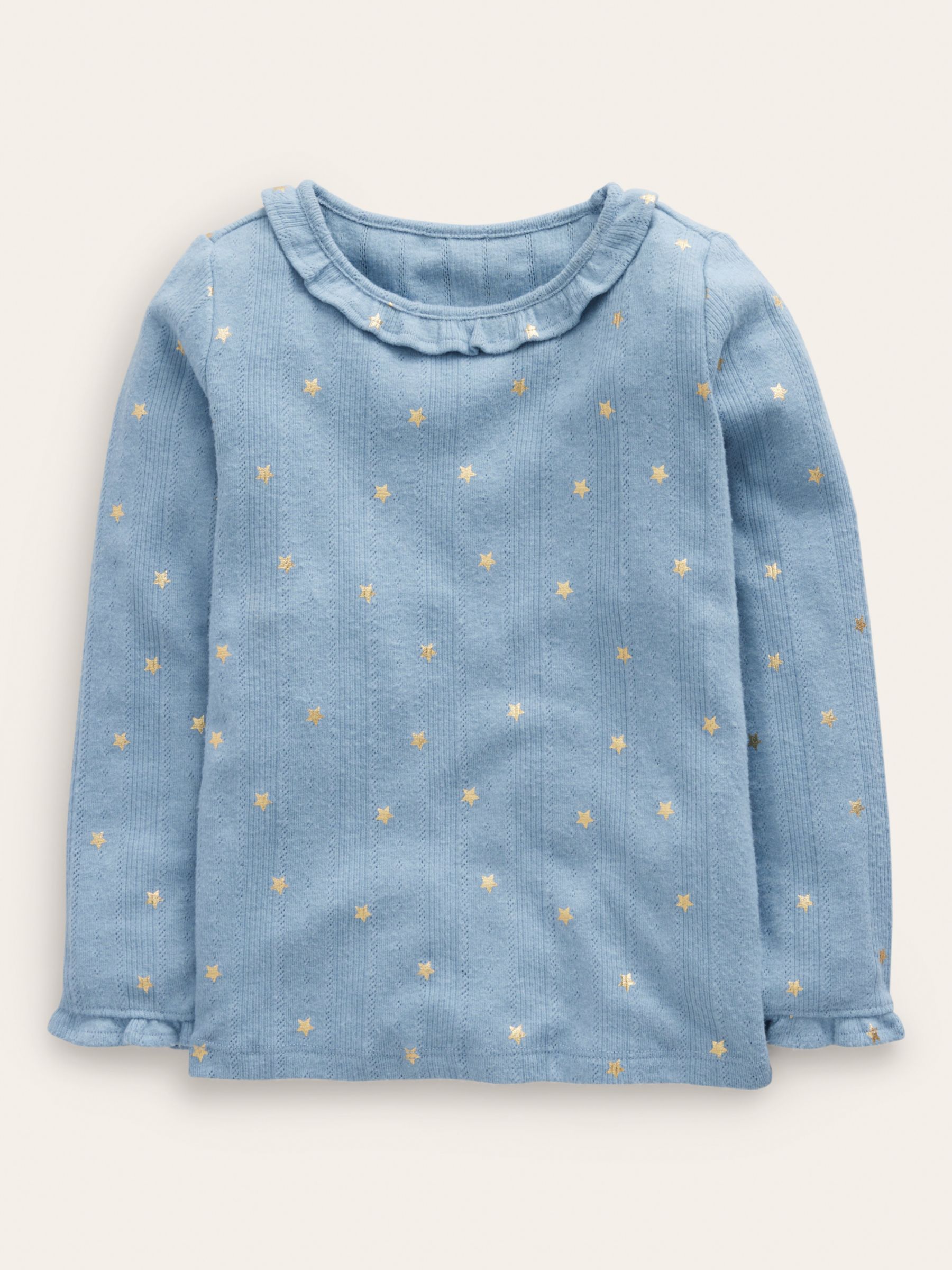 Mini Boden Kids' Ruffle Pointelle Top, Blue Gold Star, 12-18 months