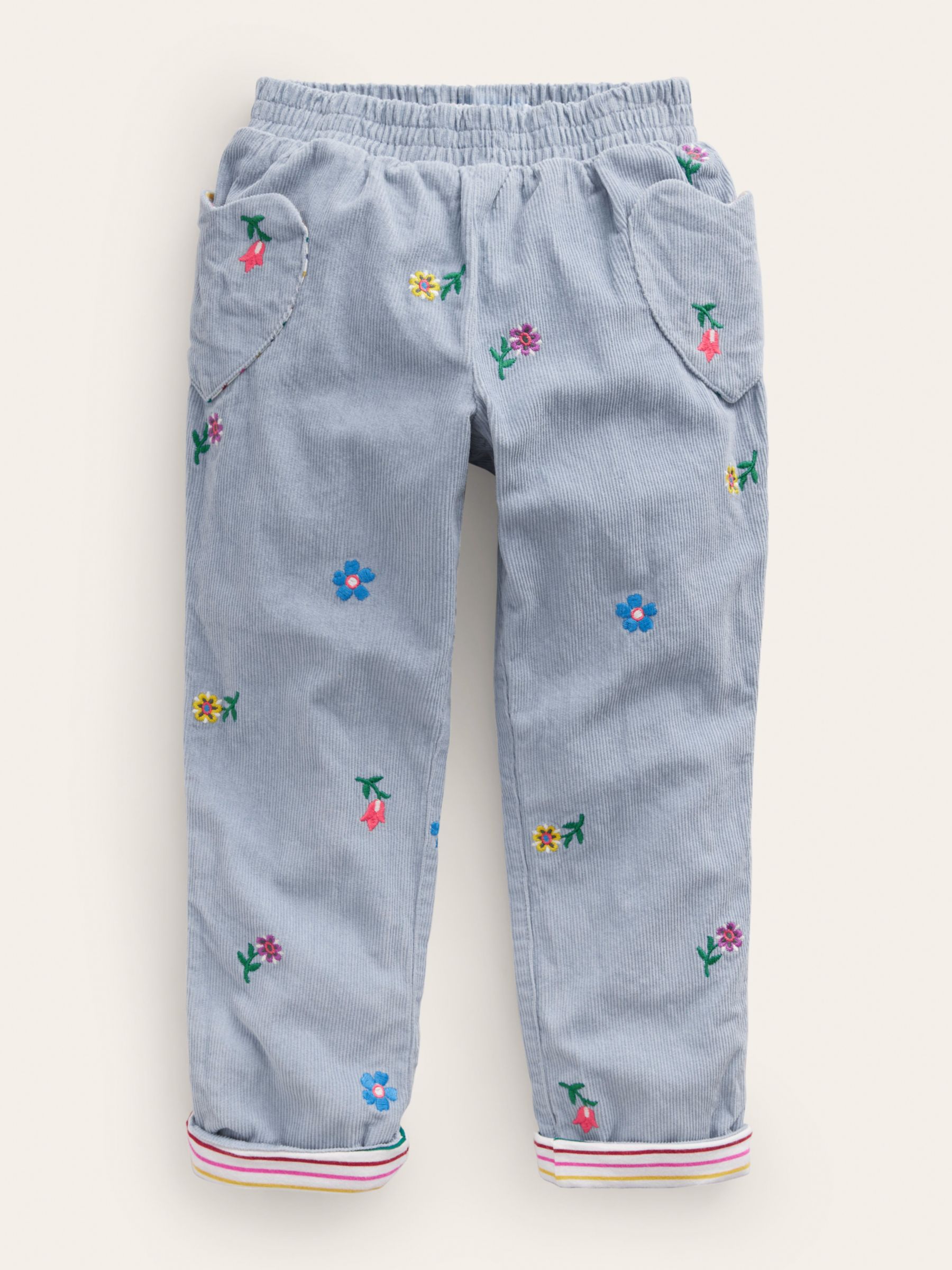 Mini Boden Kids' Lined Corduroy Floral Embroidered Pull-On Trousers, Pebble  Blue, 12-18 months