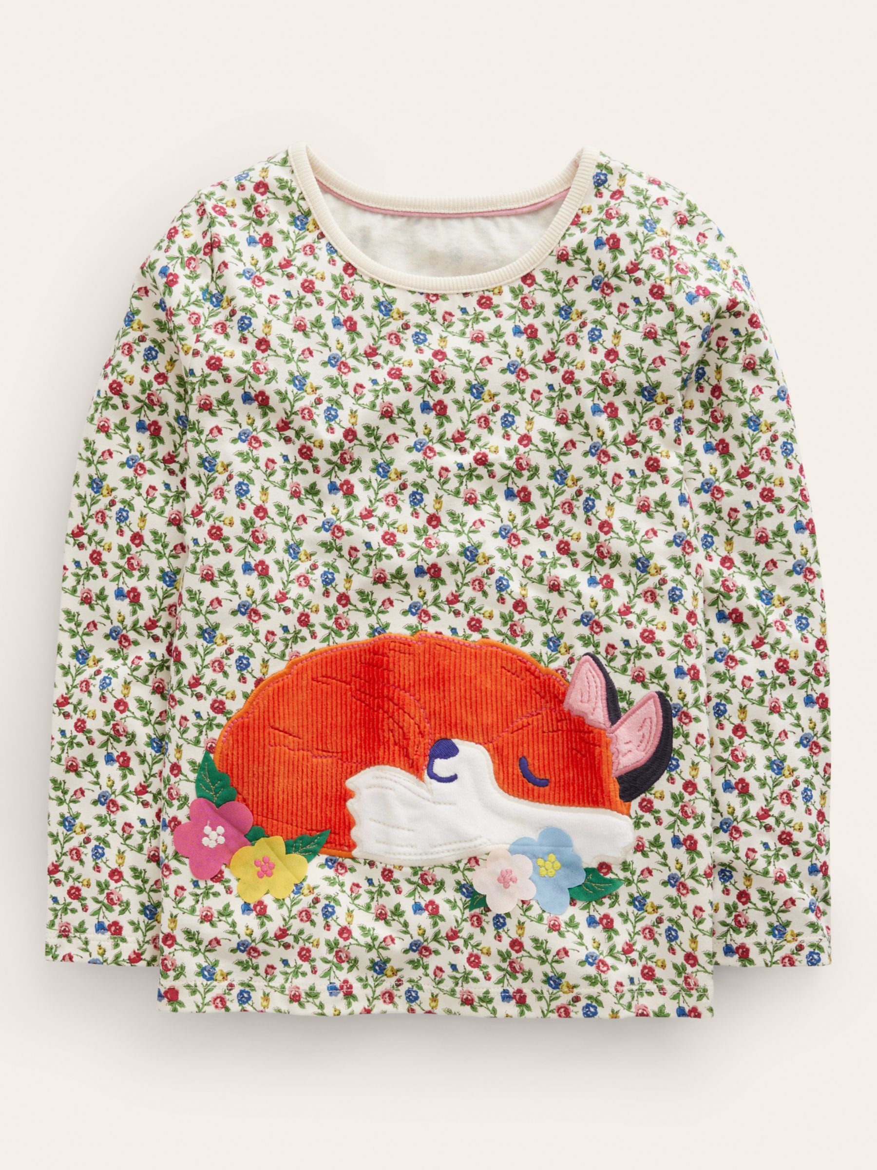 Mini Boden Kids' Floral Fox Applique Long Sleeve T-Shirt, Multi, 12-18  months