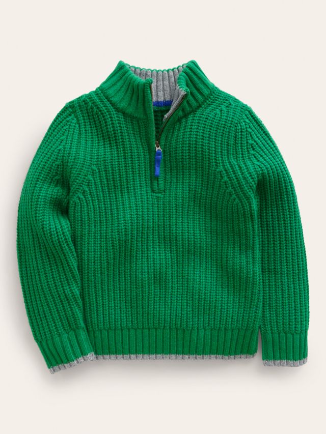 Mini Boden Kids' Chunky Half Zip Wool Blend Jumper, Deep Green, 2