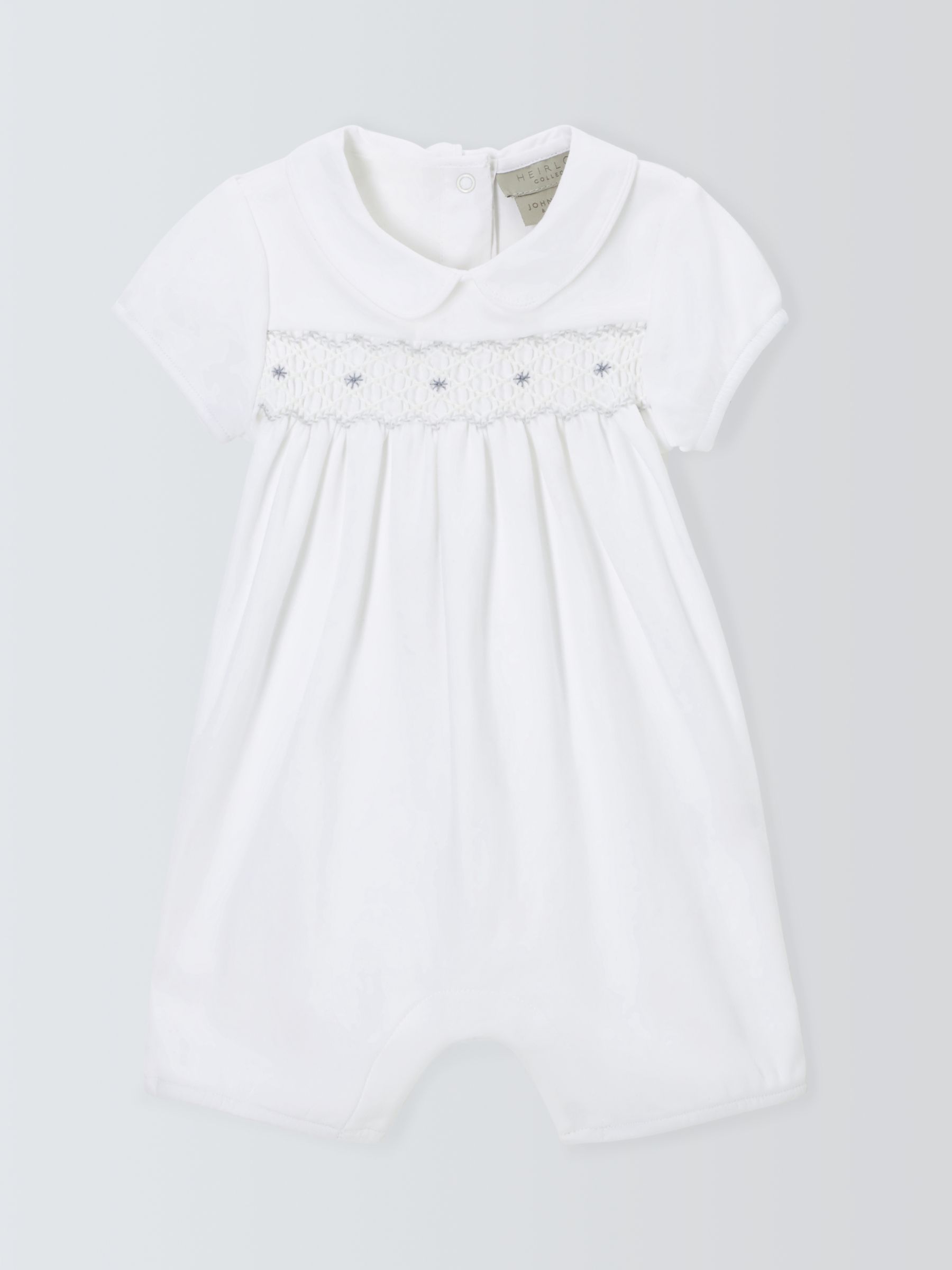 John Lewis Heirloom Collection Baby Pima Cotton Smocked Romper, White, 0-3 months