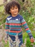 Frugi Kids' Christmas Forest Woodland Fair Isle Jumper, Blue/Multi, Blue/Multi