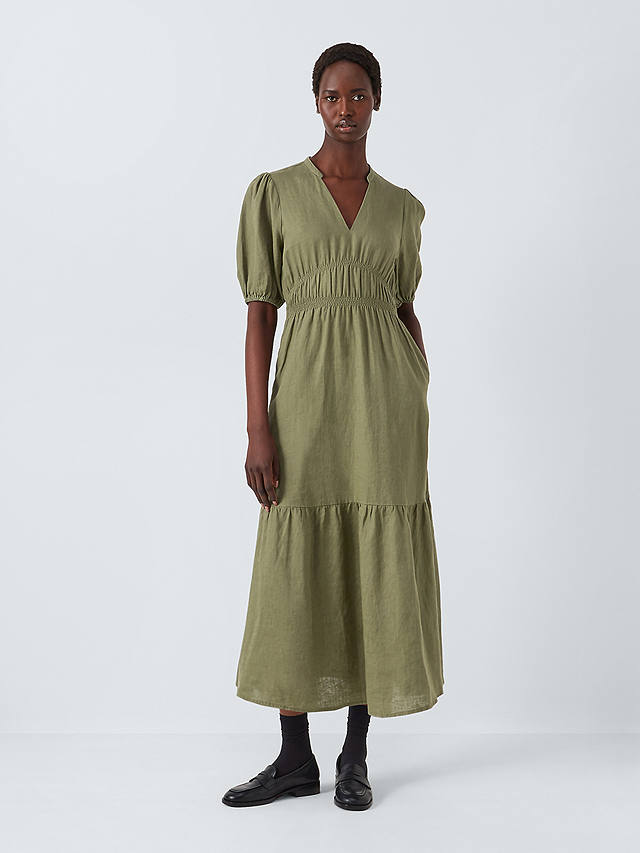 John Lewis Linen Sheered Dress, Green Forest
