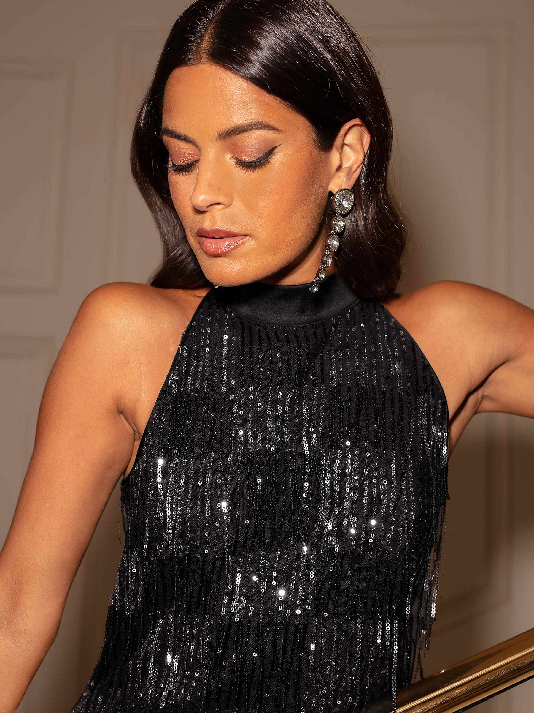 Buy Ro&Zo Harlow Fringed Sequin Midi Dress, Black Online at johnlewis.com