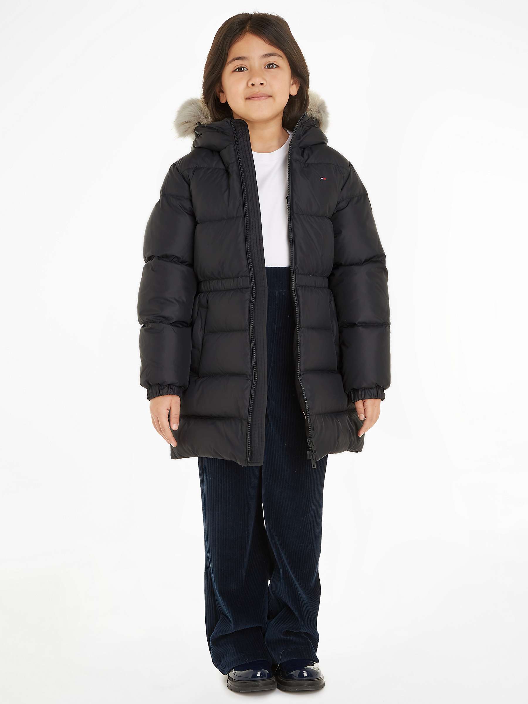 Buy Tommy Hilfiger Kids' Longline Quilted Fur Hood Coat, Black Online at johnlewis.com