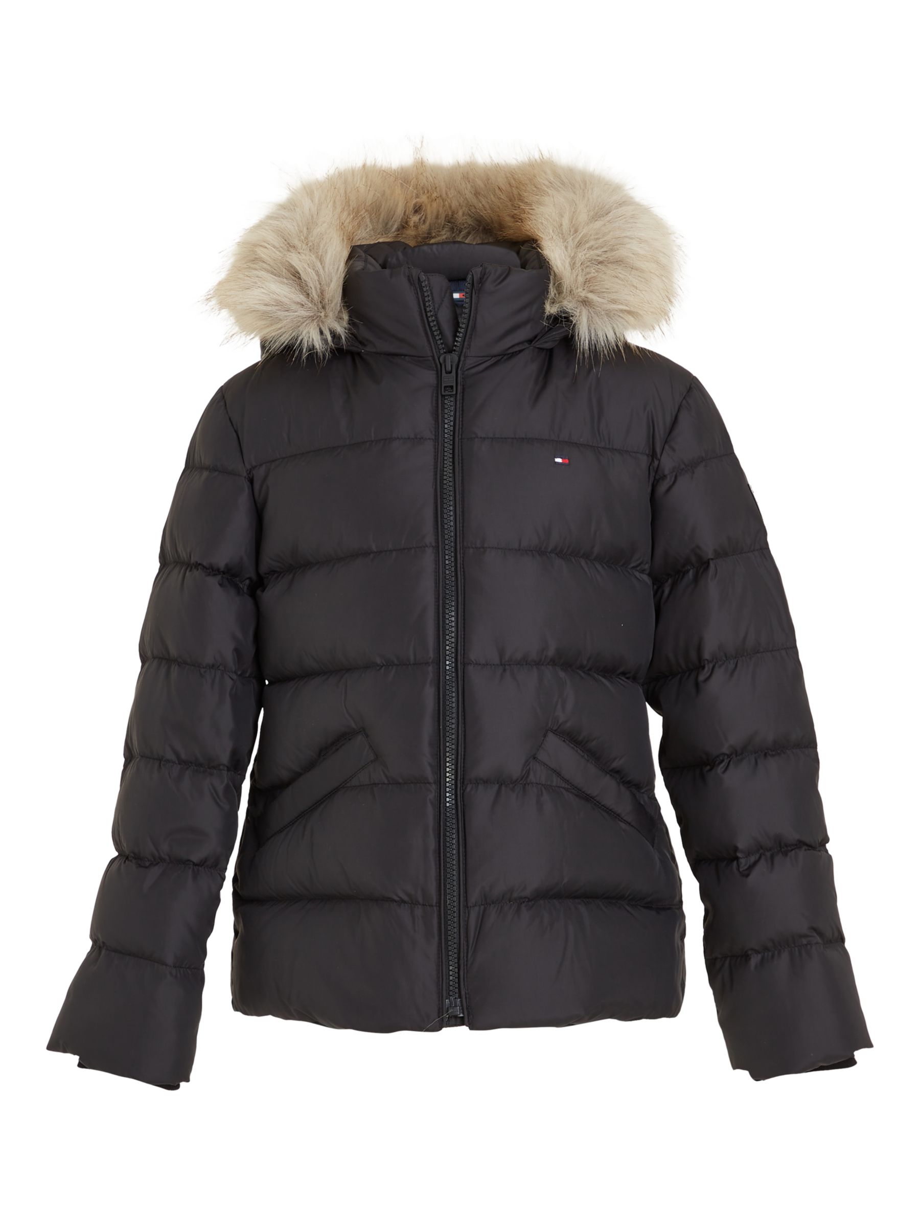 Tommy Hilfiger Kids' Fur Hood Puffer Jacket, Black at John Lewis & Partners