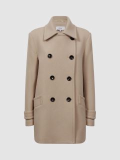 Reiss Maisie Short Double Breasted Peacoat, Stone, 6