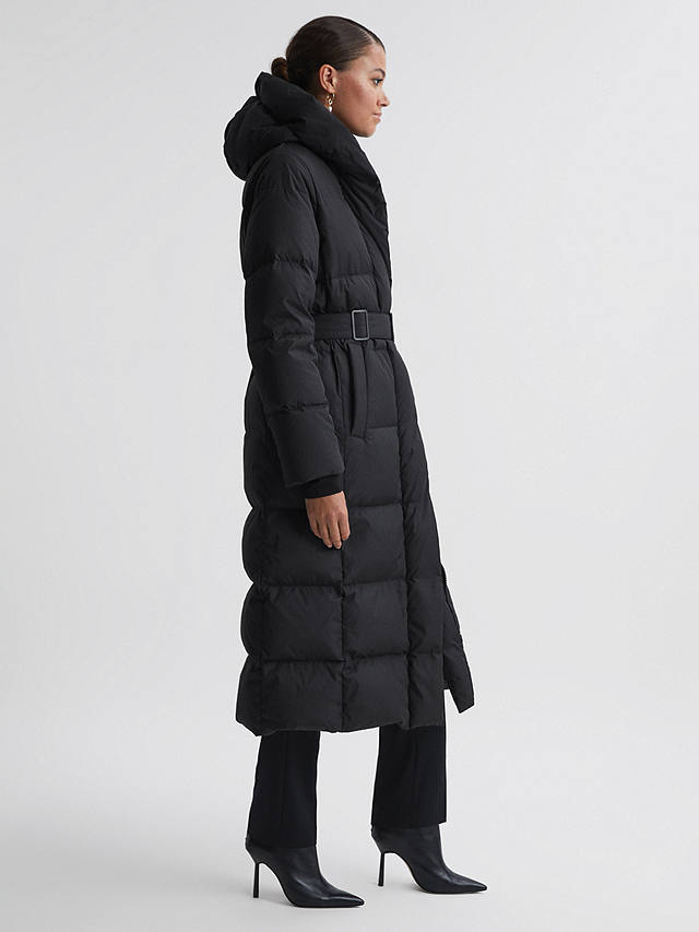 Reiss Larissa Belted Long Padded Coat, Black at John Lewis & Partners