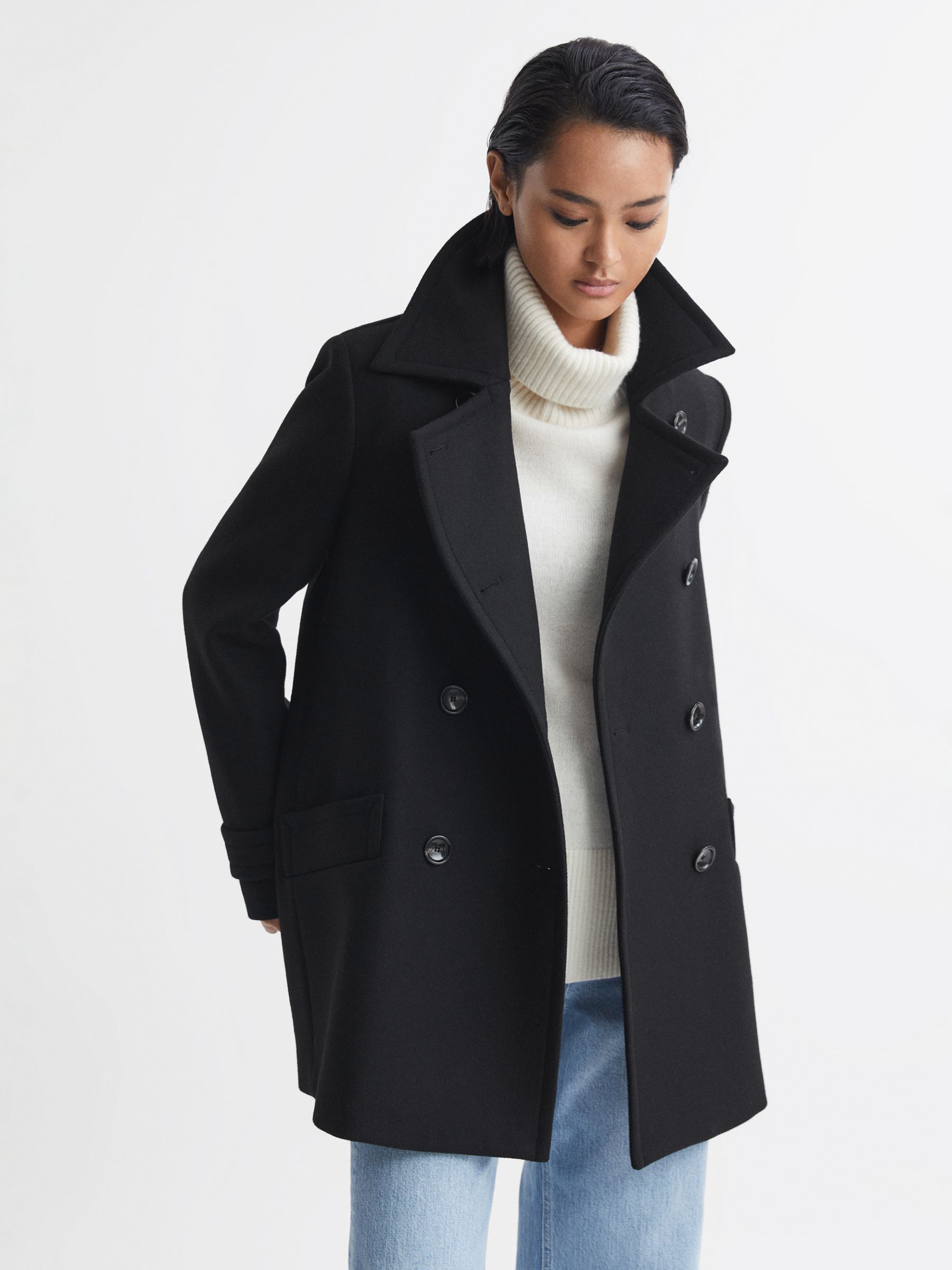 Reiss Maisie Short Double Breasted Peacoat, Black