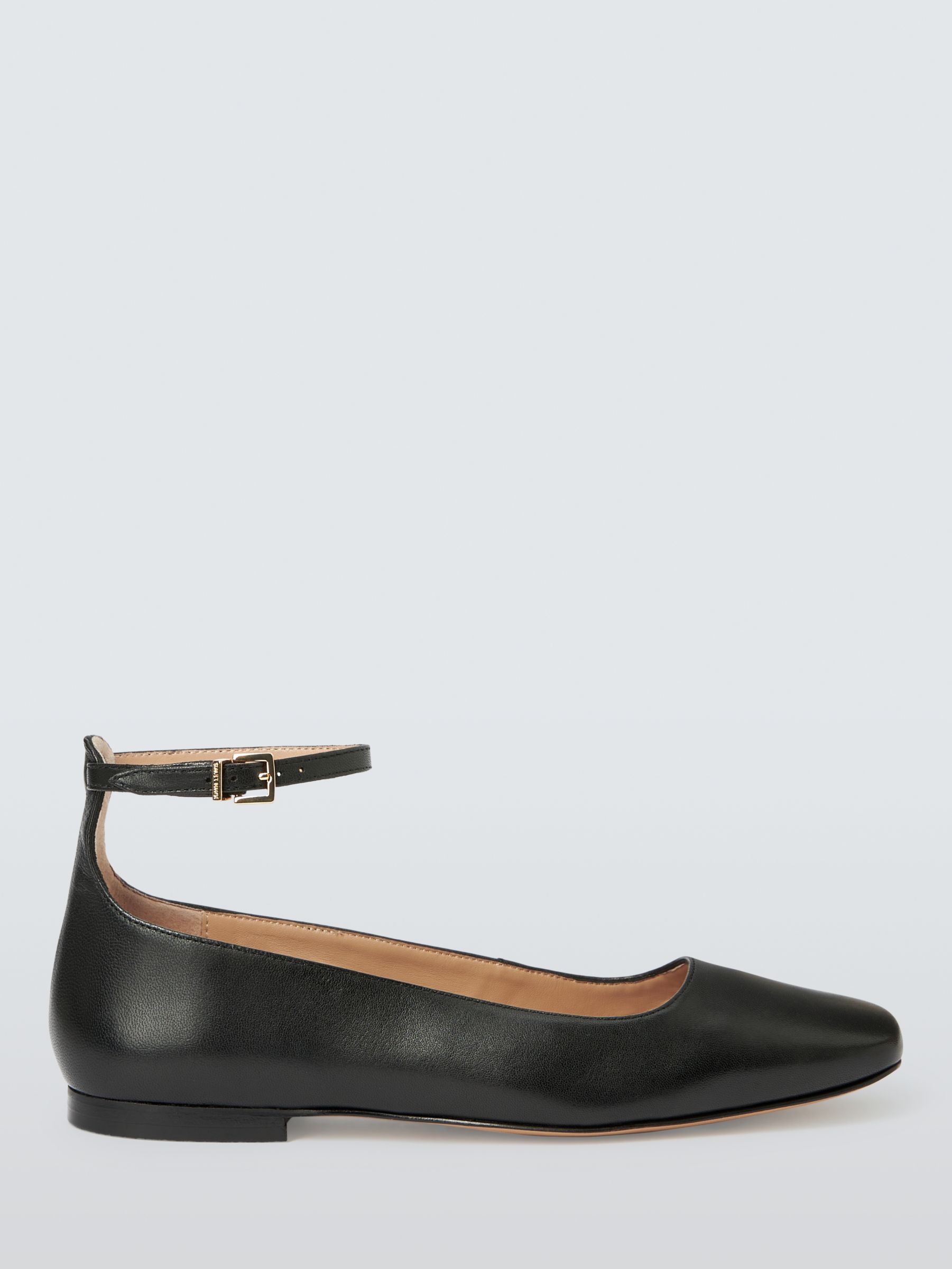 John Lewis Henney Leather Ankle Strap Ballerina Pumps, Black at John ...