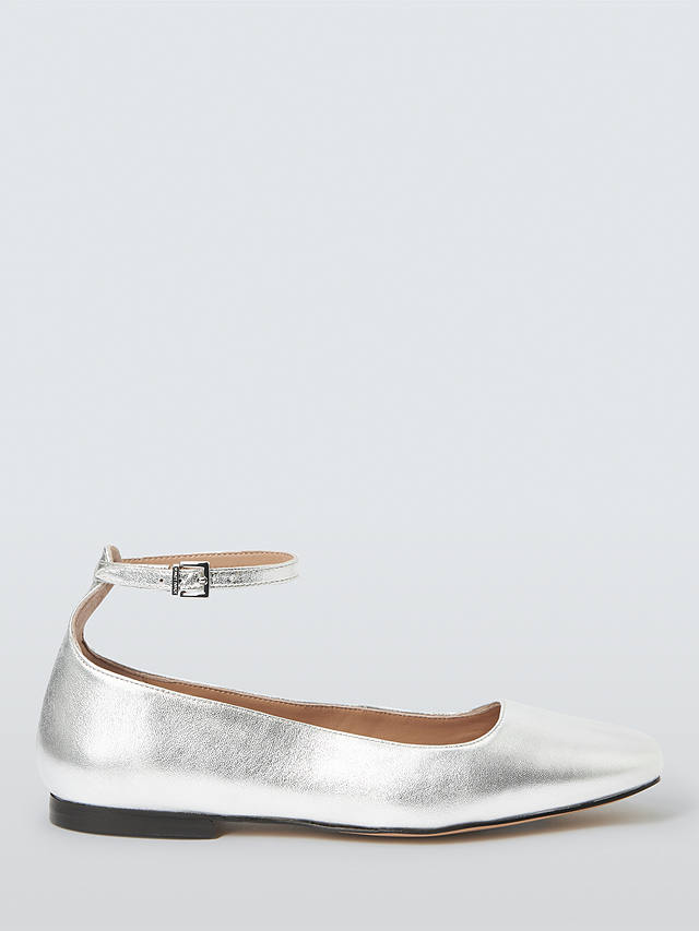 John Lewis Henney Leather Ankle Strap Ballerina Pumps, Silver