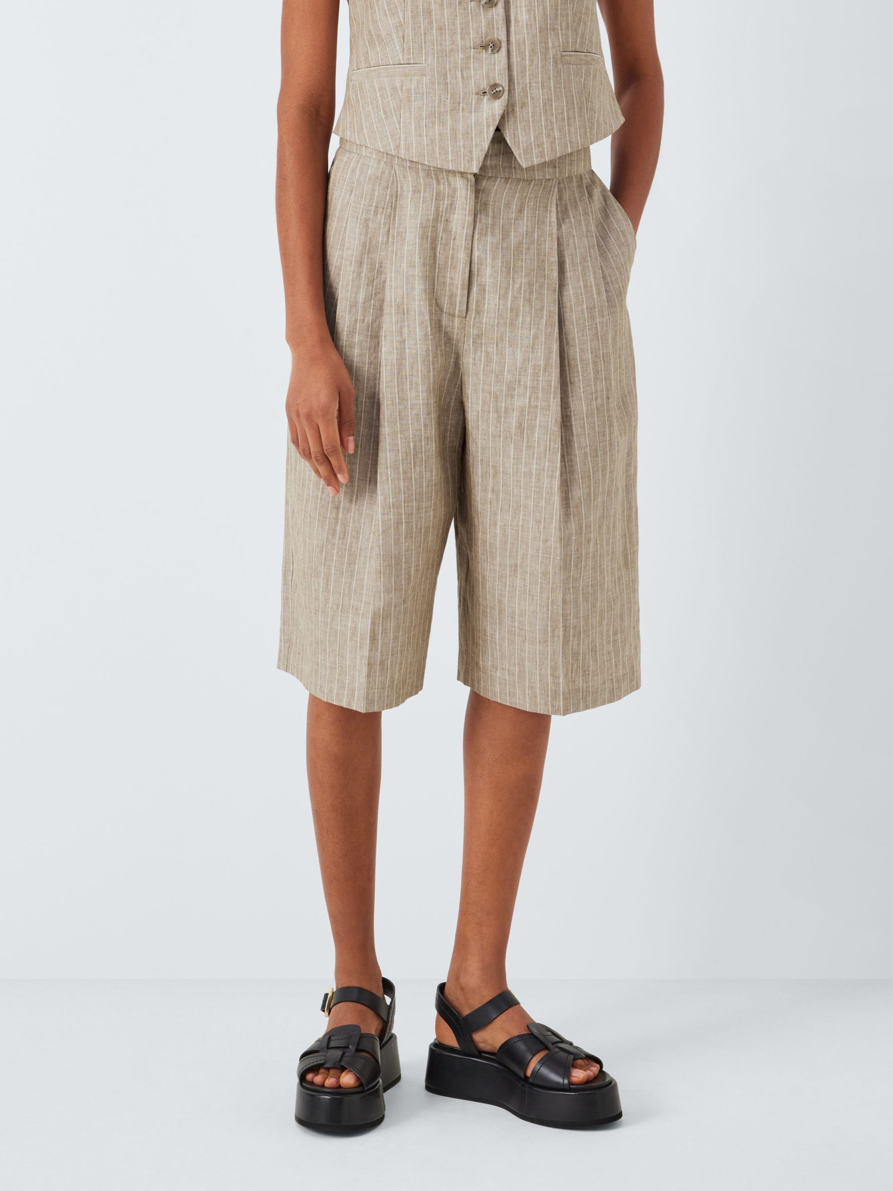 John Lewis Stripe Linen Shorts, Natural, 14