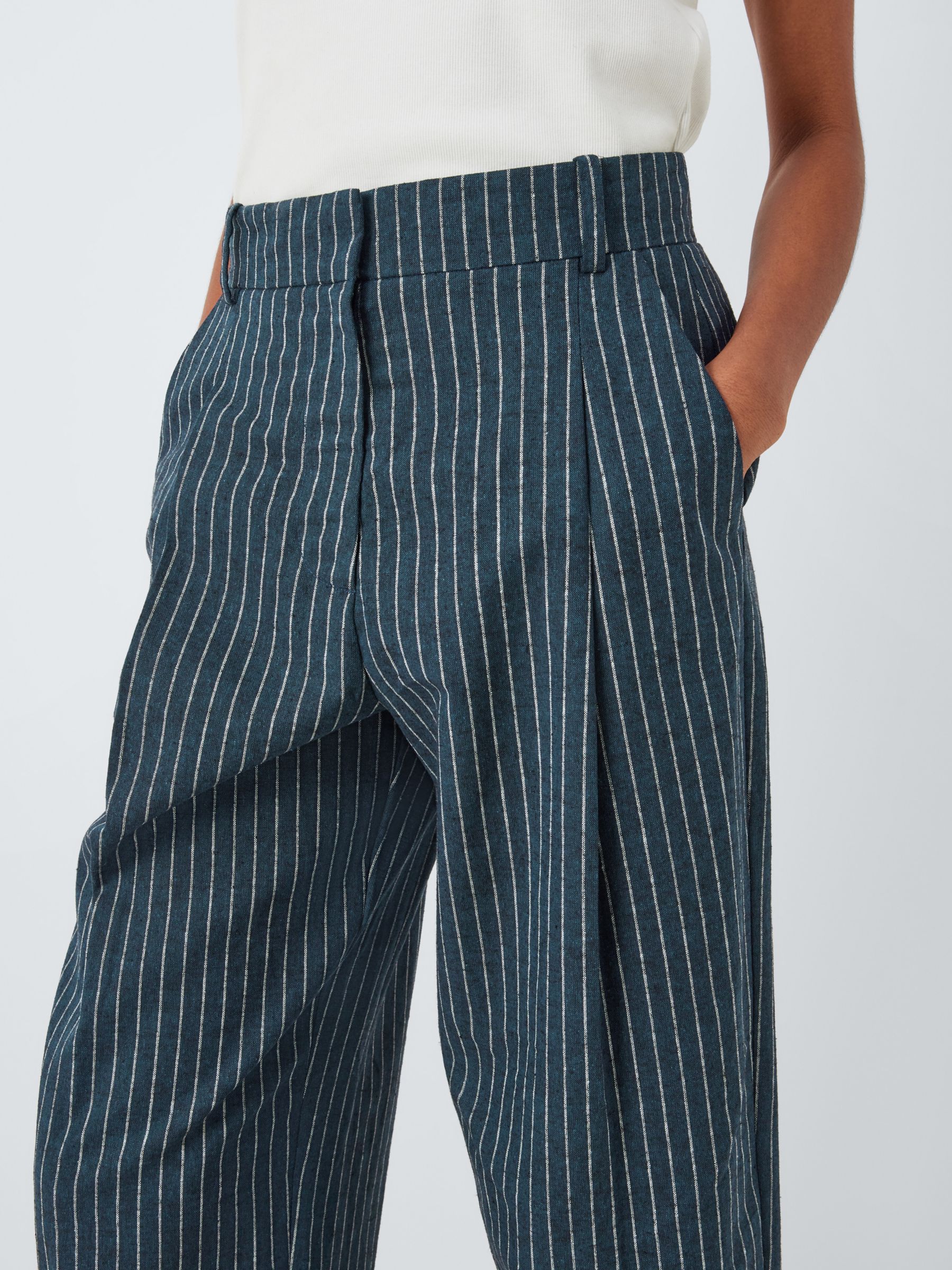 John Lewis Stripe Linen Cropped Trousers, Navy, 8